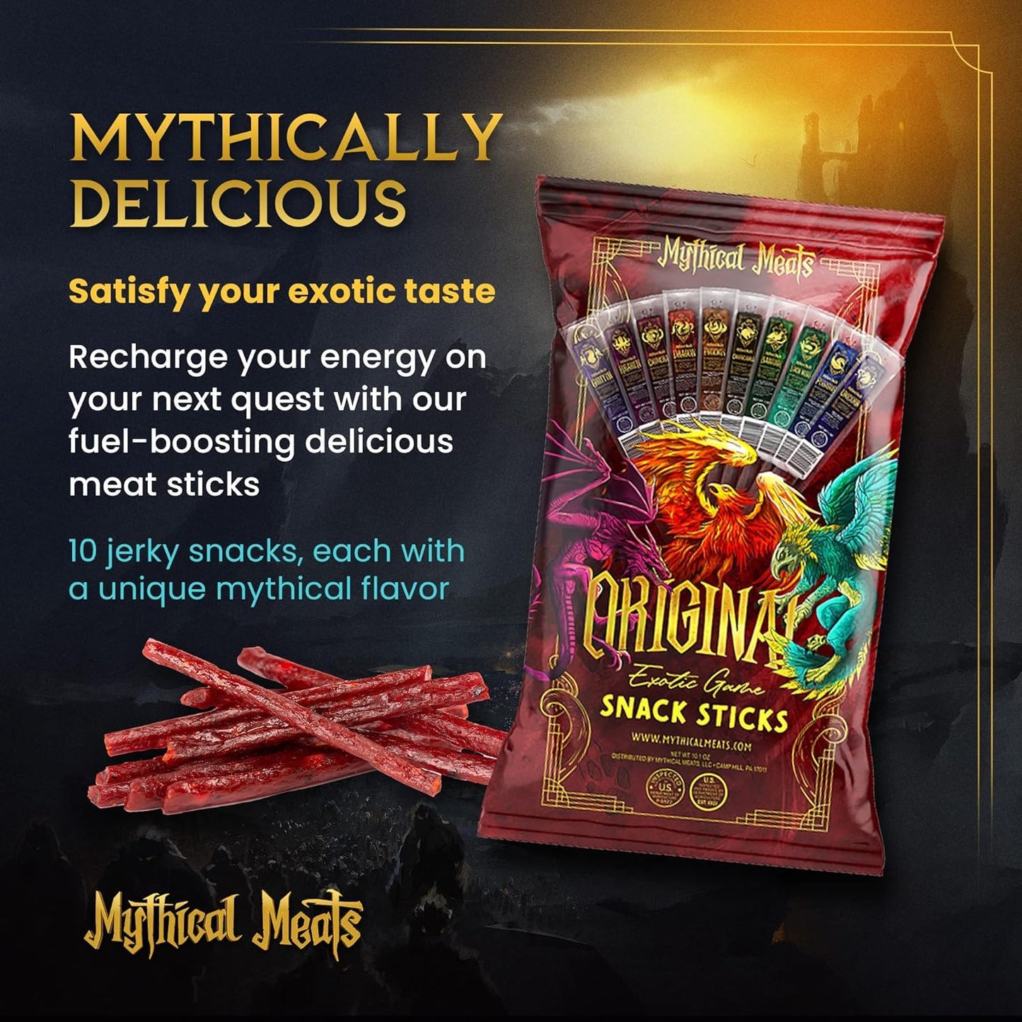 Mythical Meats Original & Humanoid Sampler Pack Bundle - 20 Exotic Game And Beef Snack Sticks - Dried & Dehydrated Meats Seasone