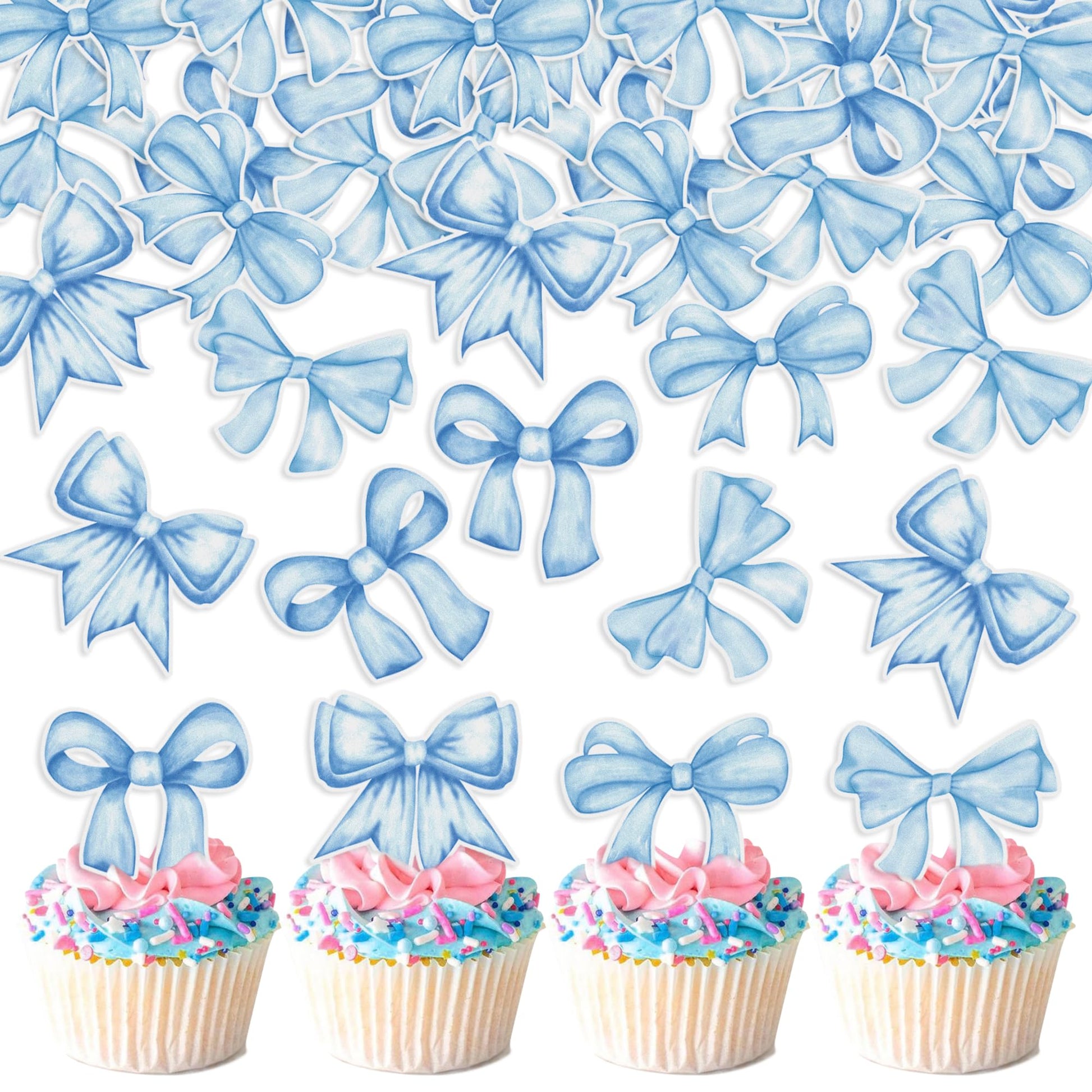 Cyodoos 40pcs Edible Blue Bowknot Cupcake Toppers Wafer Paper Bowknot Cake Dessert Picks Baby Shower Princess Cupcake Toppers fo