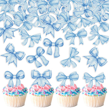 Cyodoos 40pcs Edible Blue Bowknot Cupcake Toppers Wafer Paper Bowknot Cake Dessert Picks Baby Shower Princess Cupcake Toppers fo