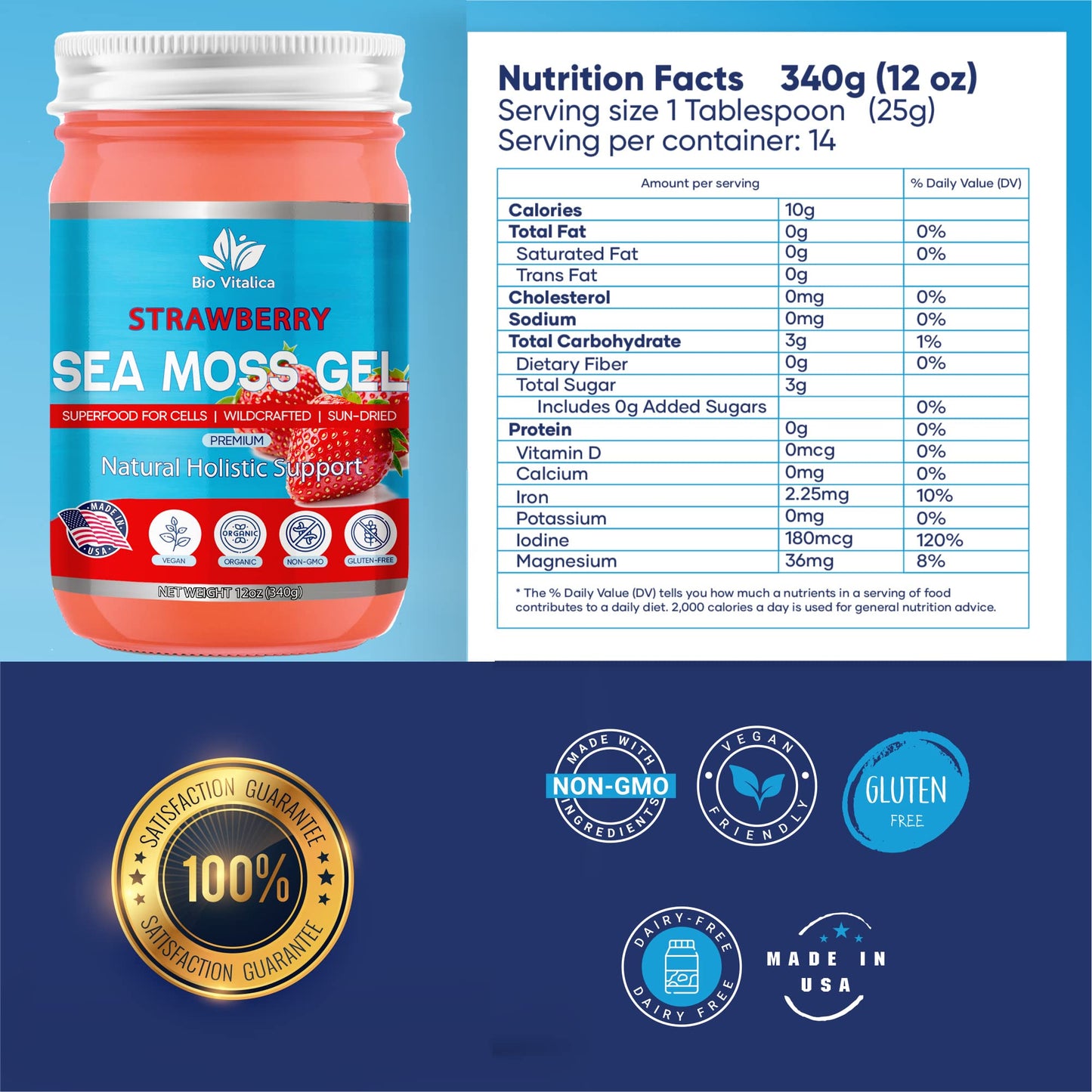 BIO VITALICA Sea Moss Gel - Organic Irish Sea Moss Superfood - 12 Ounce - Strawberry Flavor