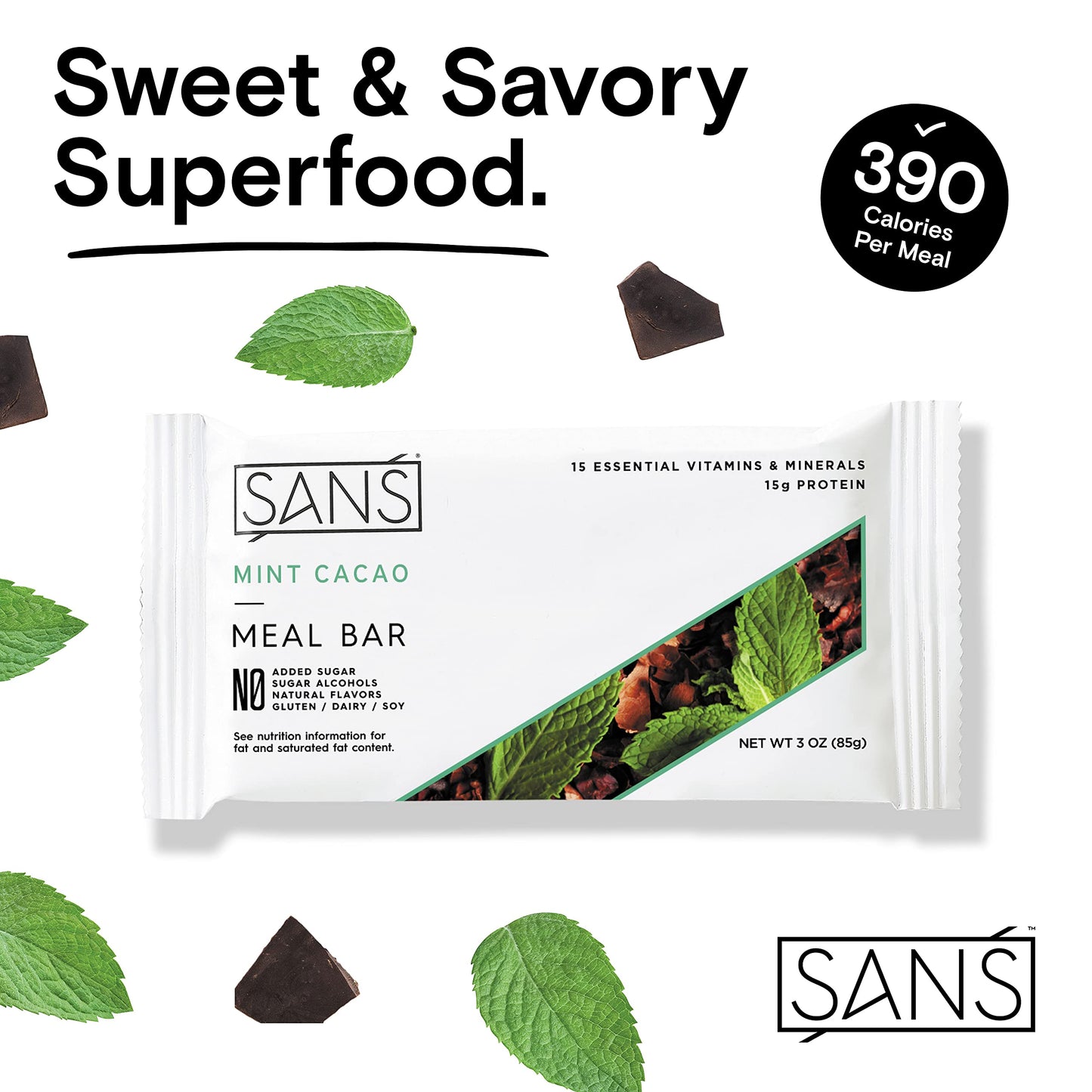 Sans Meal Replacement Protein Bar, Gluten Free, Healthy High Protein Snacks, High Fiber, No Sugar Added, Dairy Free, Soy Free, Mint Cacao, 12 Bars