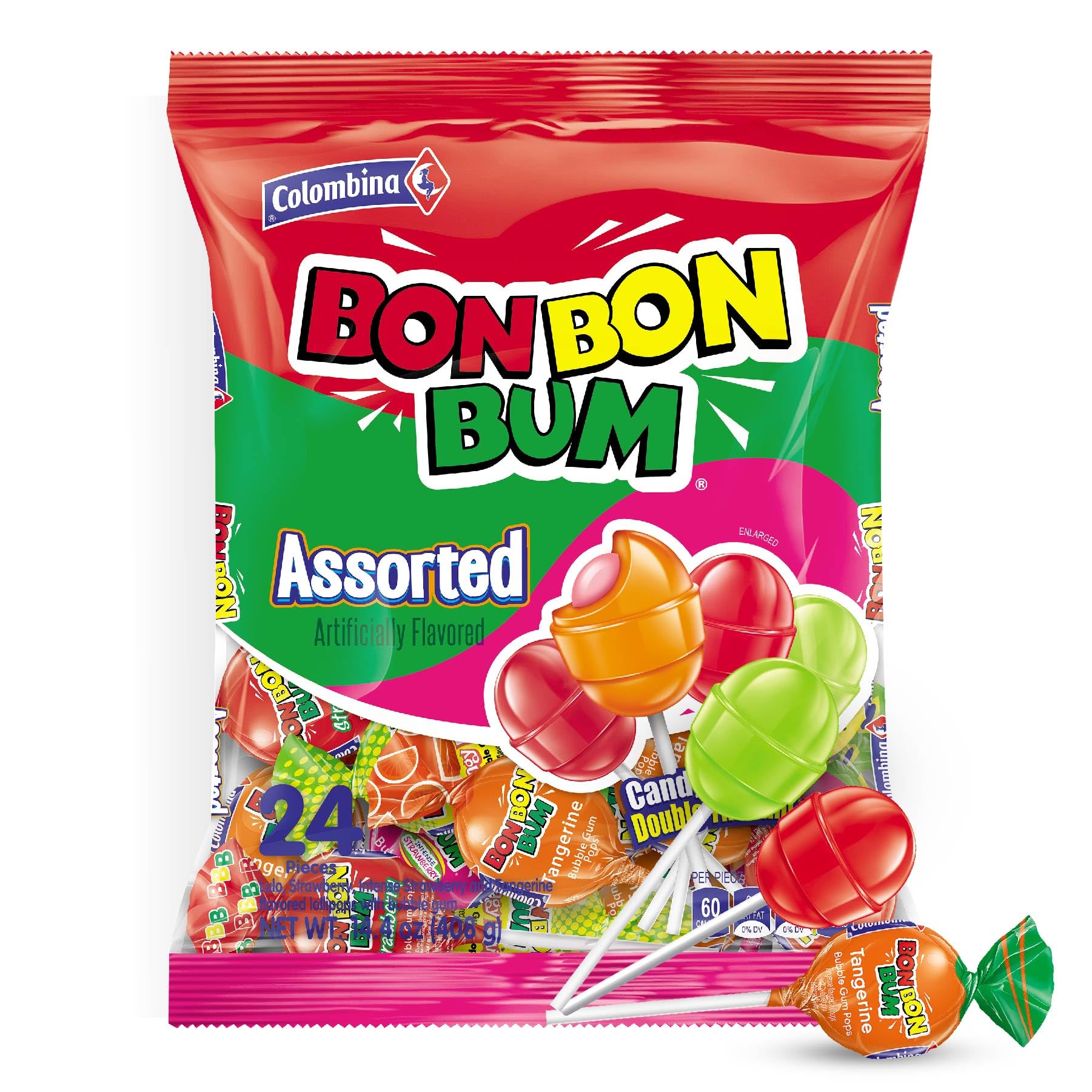 Colombina Bon Bon Bum Lollipops W/Bubble Gum Center, Assorted Flavors, Individually Wrapped, Ideal For Party Favors And Gifts, 1