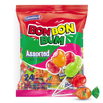 Colombina Bon Bon Bum Lollipops W/Bubble Gum Center, Assorted Flavors, Individually Wrapped, Ideal For Party Favors And Gifts, 1