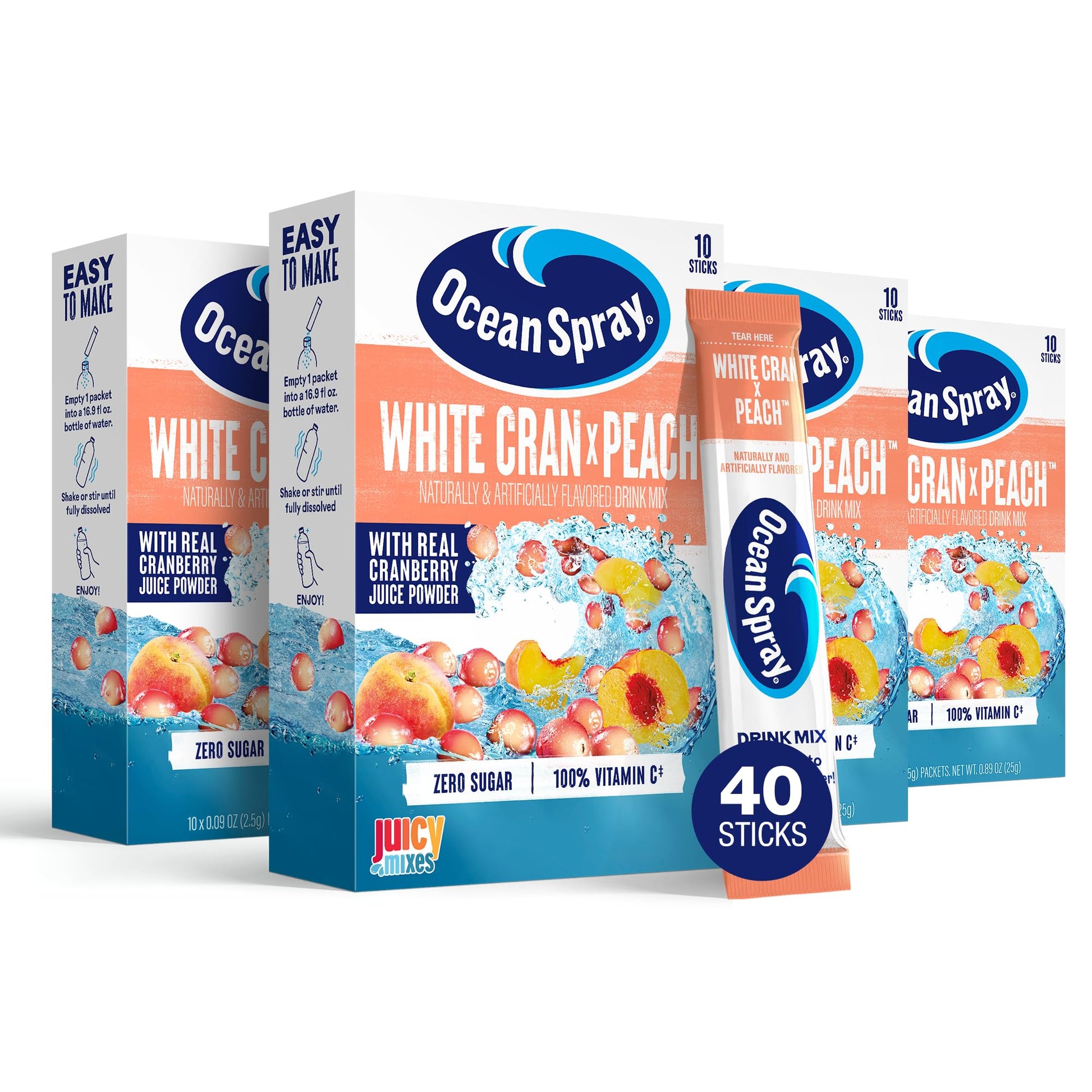 Ocean Spray White Cran-Peach Zero Sugar Powder Drink Mix Packets with Real Cranberry Juice Powder, 100% Vitamin C, No Synthetic 