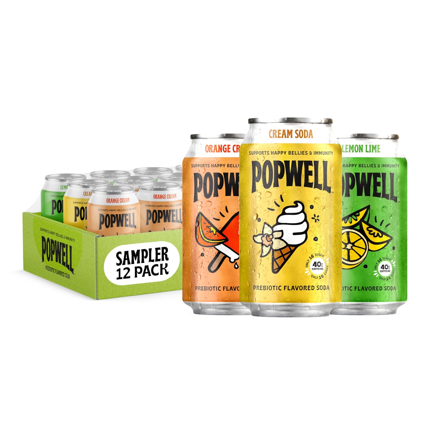 Popwell Caffeinated Prebiotic Soda Variety Pack, 12 Fl Oz (Pack of 12), 6g Fiber, 1g Sugar, Orange Cream, Lemon Lime, Cream Soda
