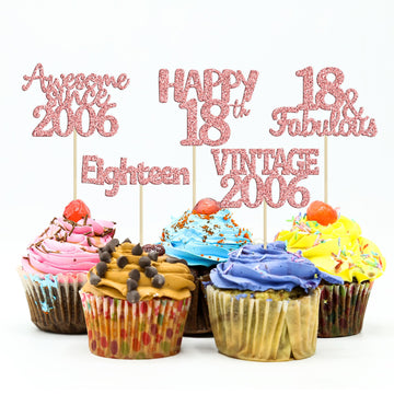 Gyufise 30Pcs Rose Gold Vintage 2006 Cupcake Toppers Glitter Happy 18Th Cheers To 18 Fabulous 18Th Birthday Cupcake Picks 18Th B
