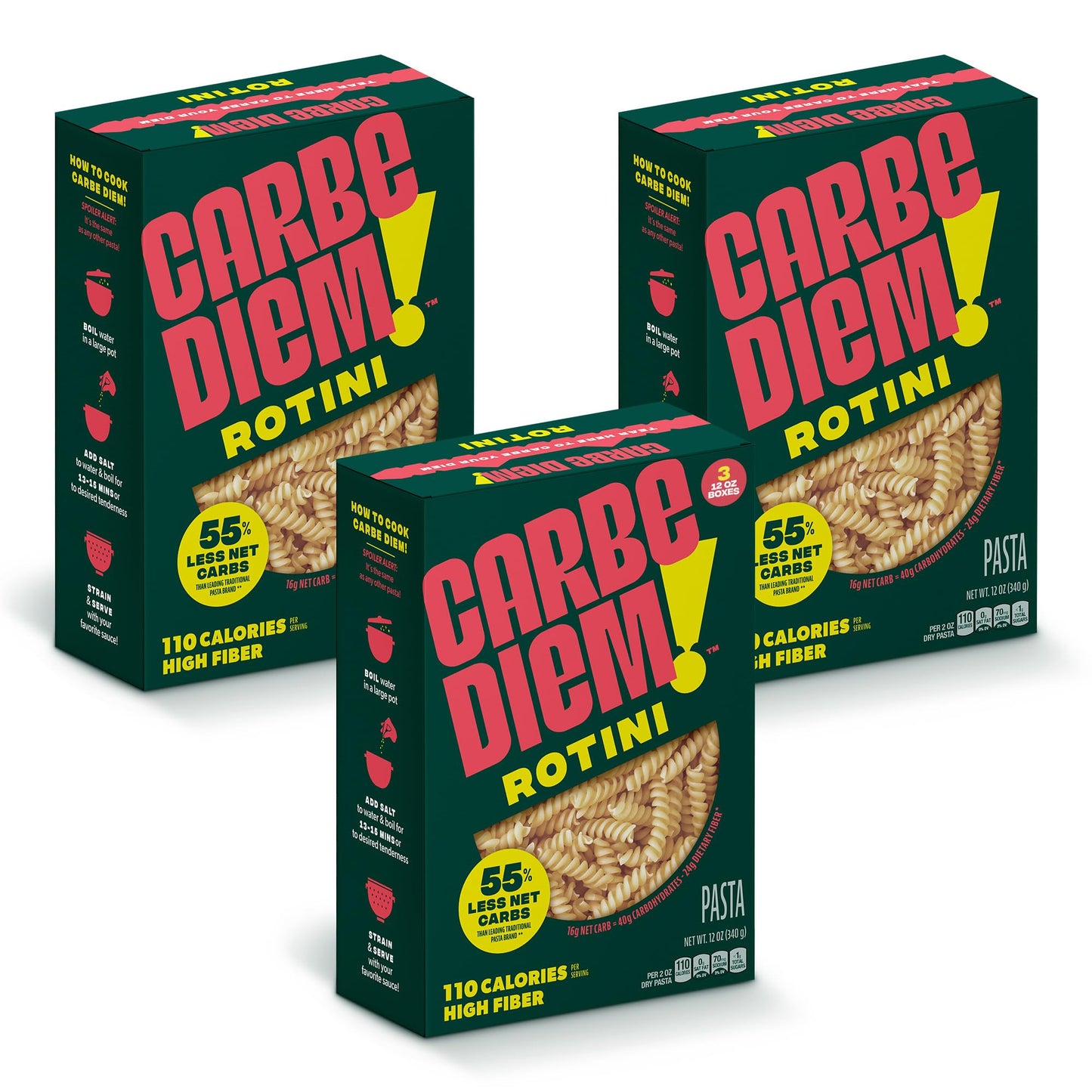 Carbe Diem! Rotini | 3X 12Oz Bags | Lower Net Carb Pasta With A Traditional Flavor & Texture | Pasta Re-Imagined For Healthy Lif