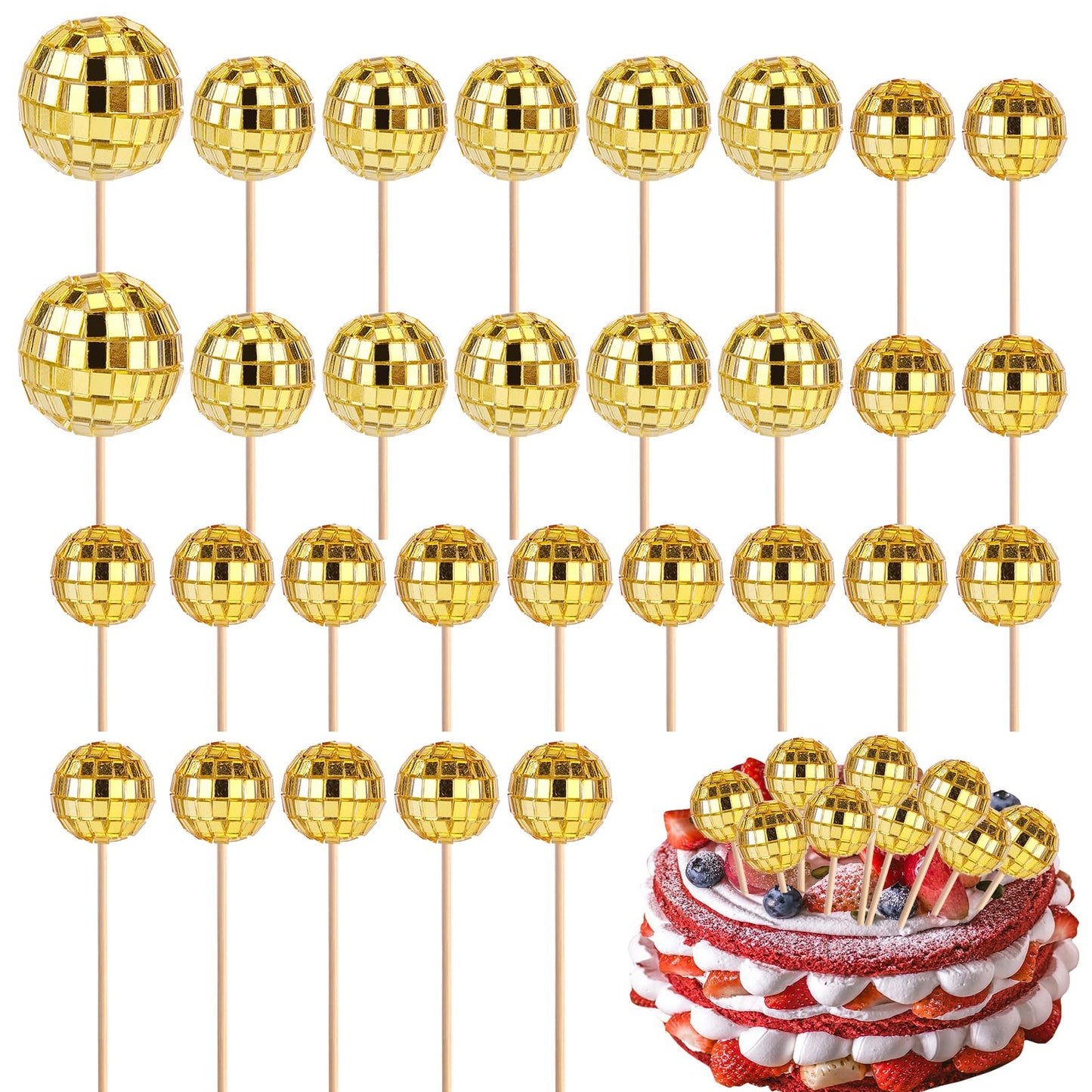PEUTIER Disco Ball Cupcake Toppers, 30pcs Mini Picks for Cake Decorations, 2.3-4cm, Golden, Model 04098