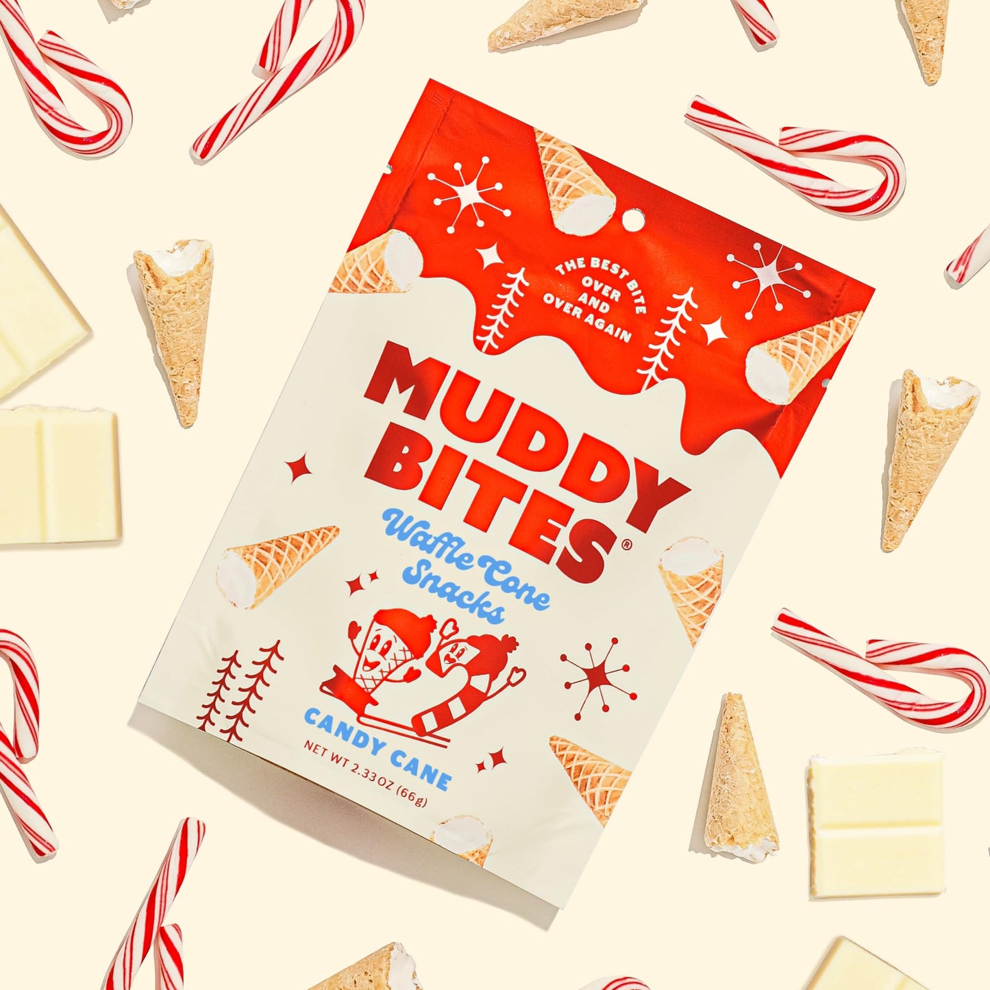 Muddy Bites Waffle Cone Snacks Bite Sized Chocolate Filled Waffle Cones For Snack Or Dessert, Candy Cane, Made With Cane Sugar,