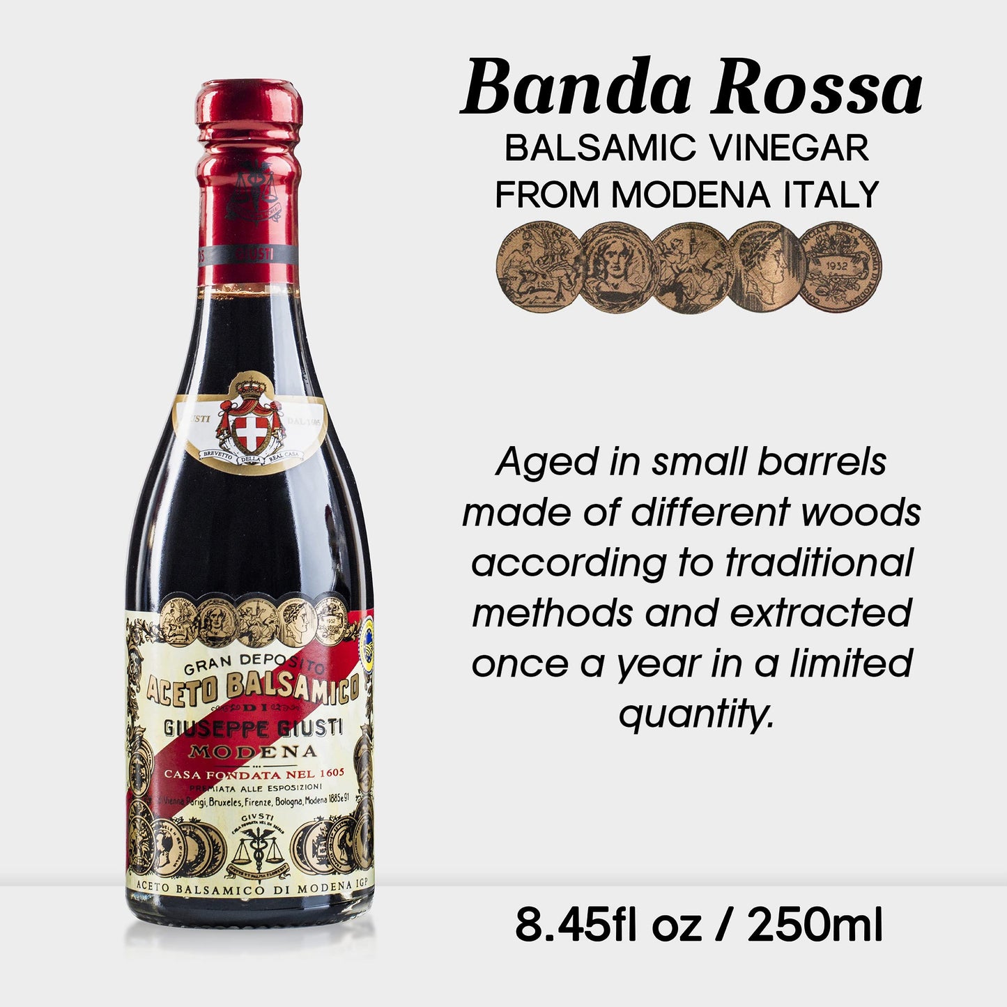 Giusti Balsamic Vinegar of Modena IGP, Thick and Rich, 8.45 fl oz, Black, Model WF7210450, Authentic Italian Aceto Balsamico in