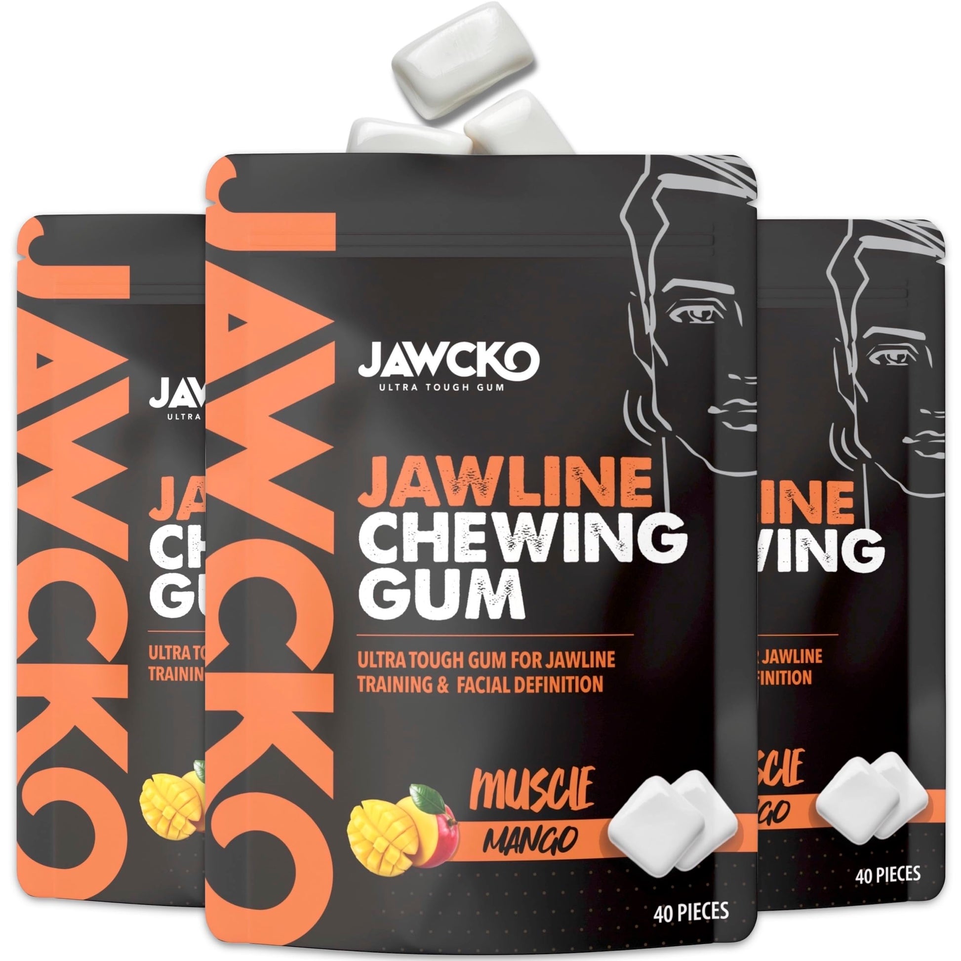 JAWCKO Ultra-Tough Jawline Chewing Gum | Mango Flavor | 15X Strength | 40 Pieces/Pack | White | 3-Pack