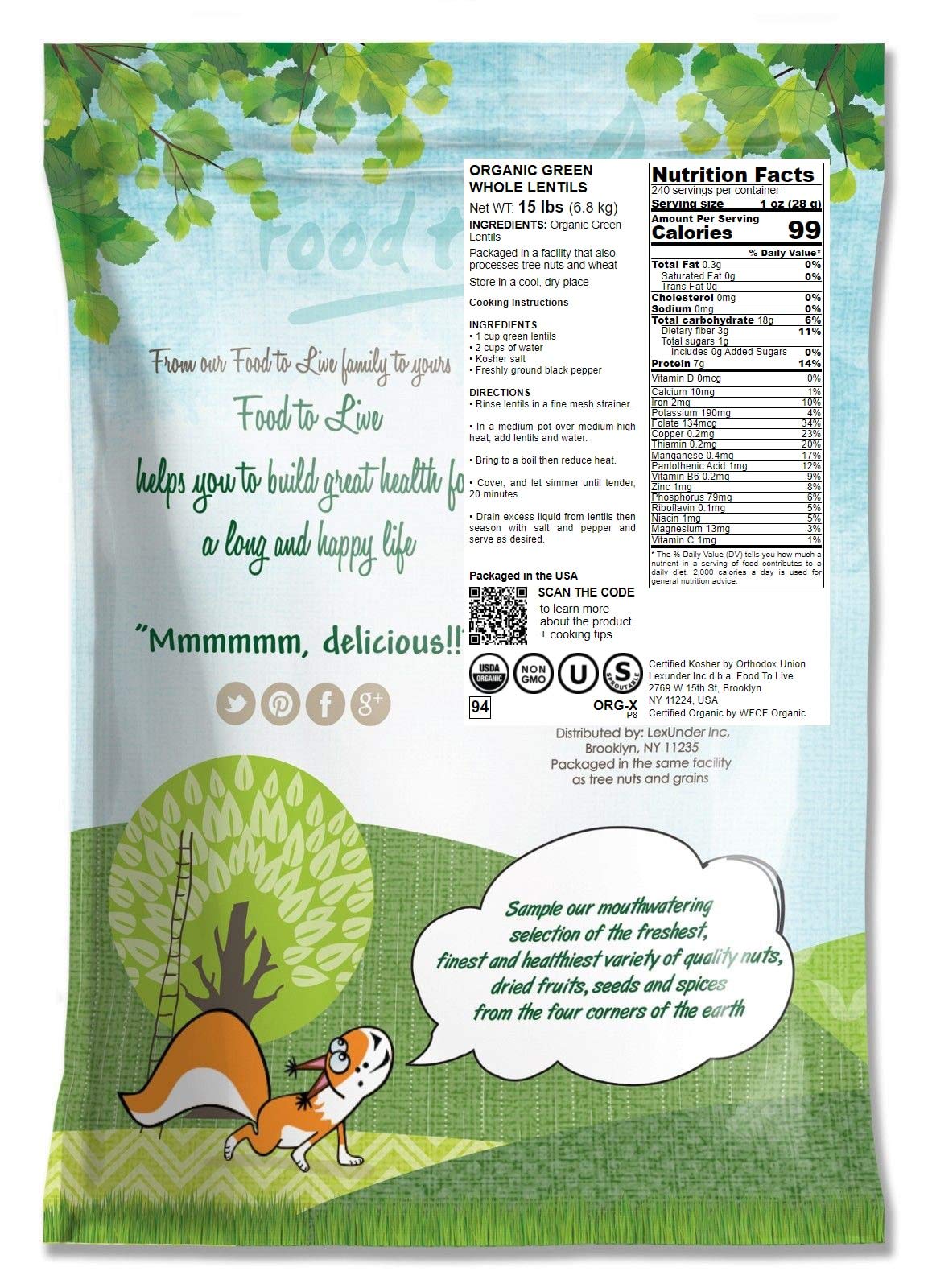 Food To Live Organic Whole Green Lentils, 15 Pounds - Non-Gmo, Dried Raw Beans, Sproutable, Vegan, Kosher, High In Folate, Dieta