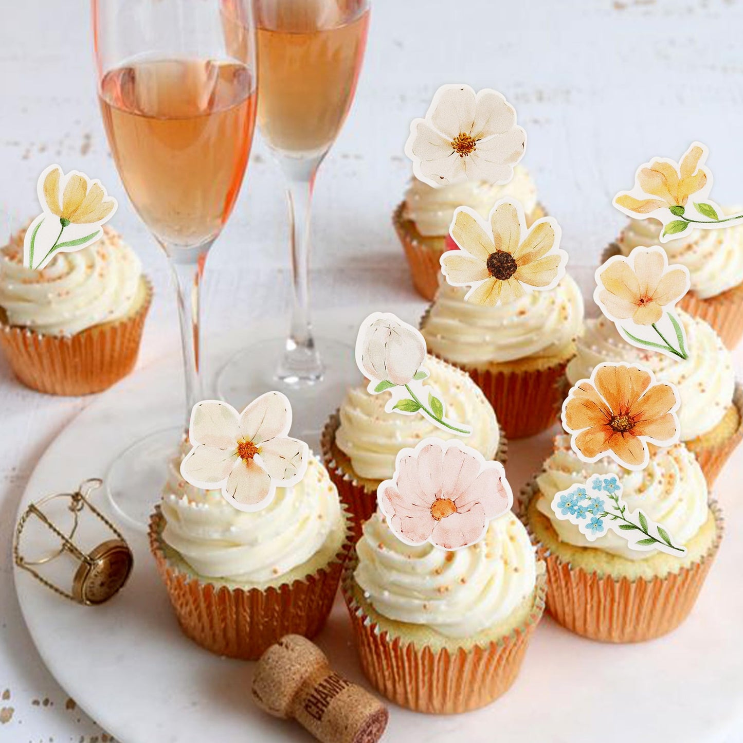 44 Pack Edible Flower Cupcake Toppers Spring Bridal Engagement Baby Shower Birthday Party Cupcake Picks Anniversary Drink Topper