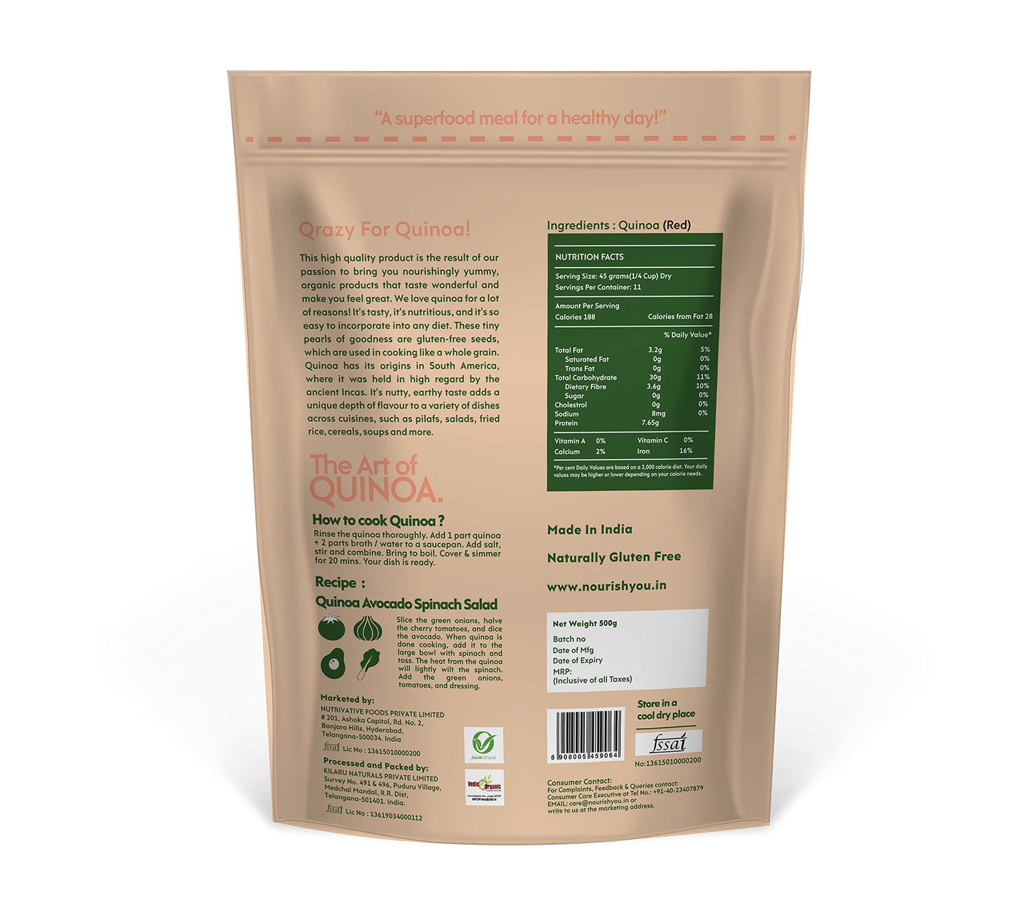 Nourish You Organic Red Quinoa Seeds 500G | Usda Certified Grain | Gluten Free | High Protein | Fibre Rich Healthy Diet Food For