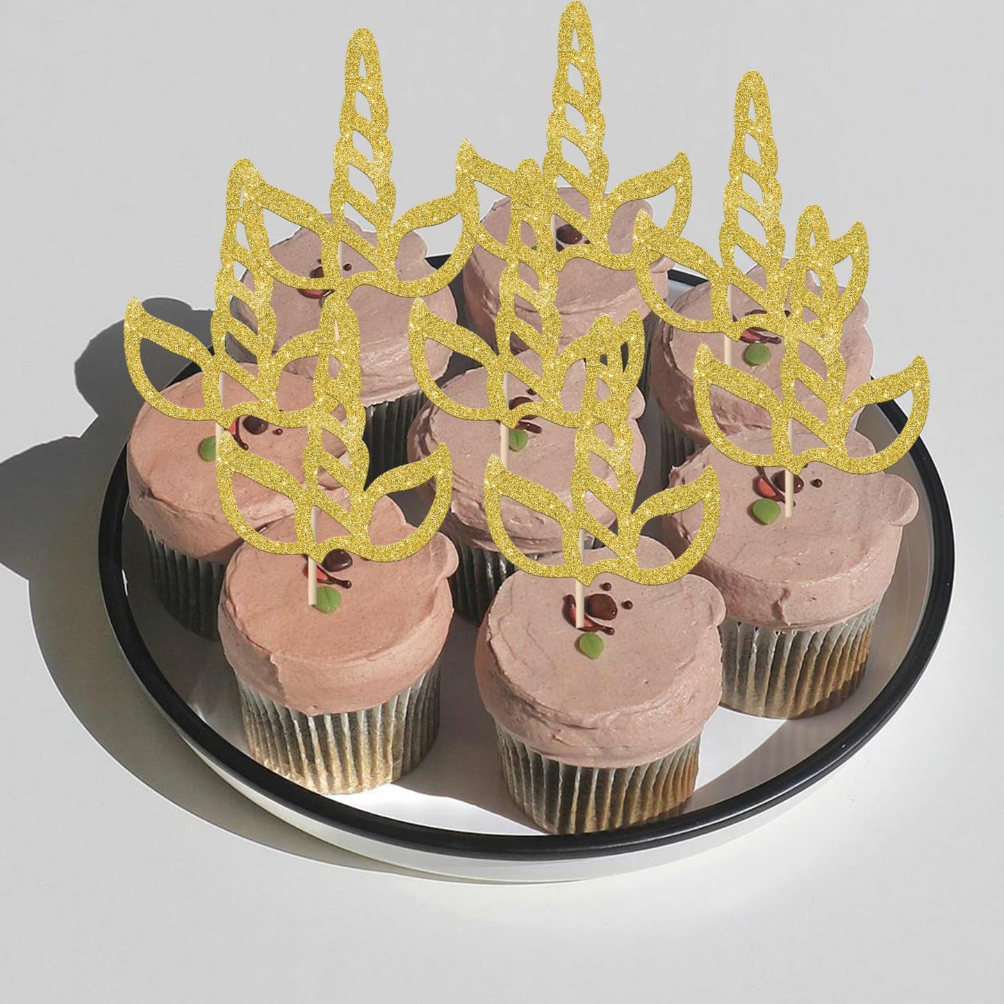 Rssta i Unicorn Horn Cupcake Toppers, 24 Pack, Glitter Paper Decorations for Baby Shower & Kids Birthday Party, Design 3 Gold