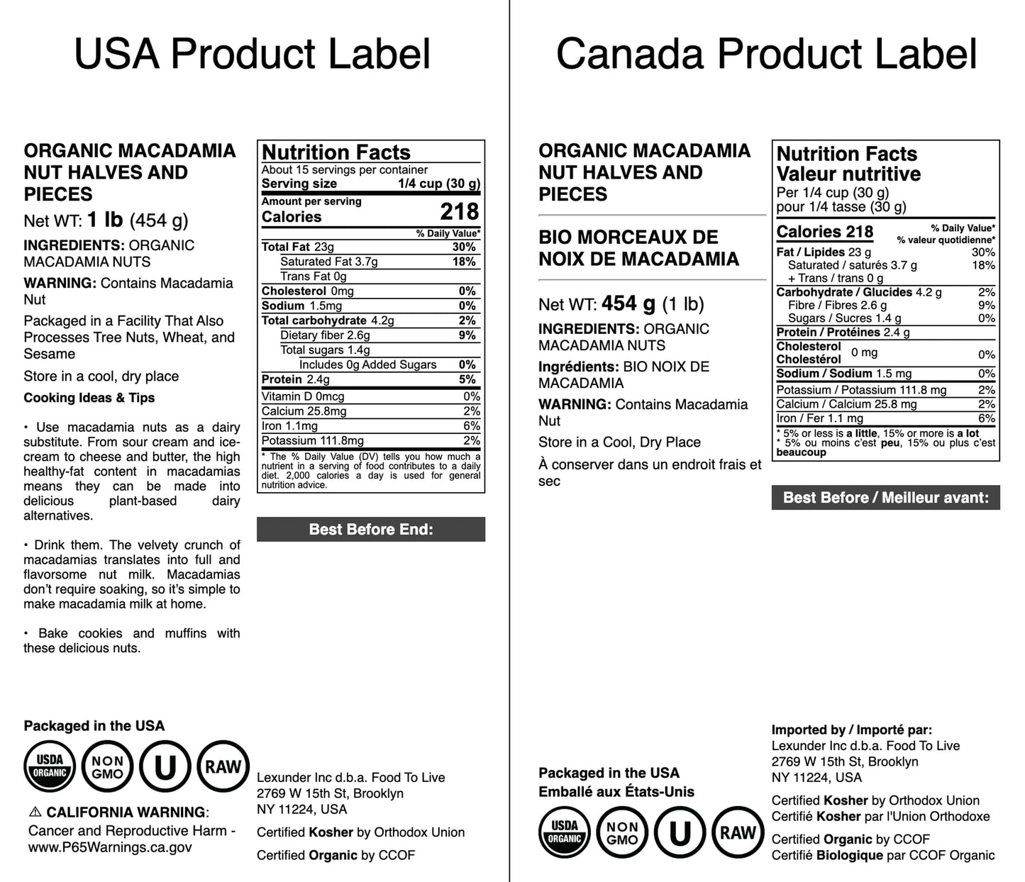 Food to Live Organic Macadamia Nut Halves & Pieces, 1 Pound - Non-GMO, Raw, Shelled, Unsalted, Kosher, Vegan, Bulk. Keto Snack.