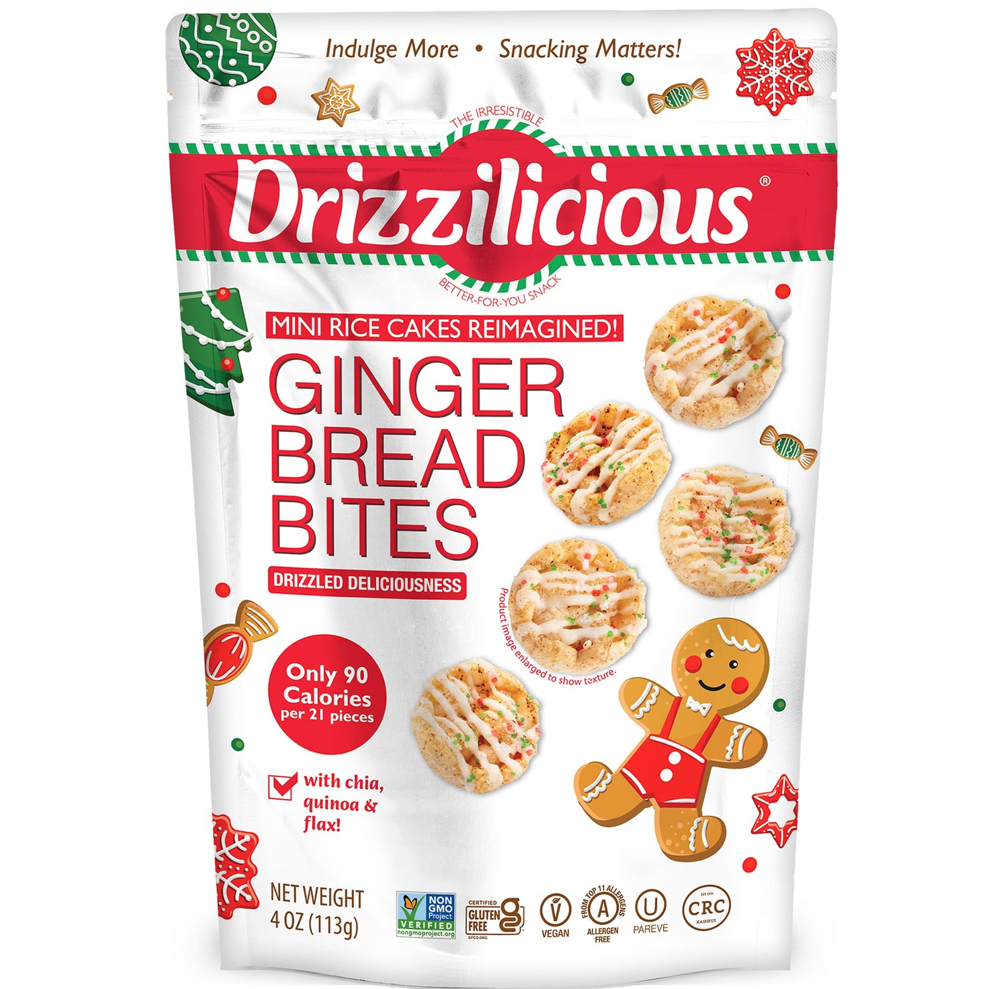 Drizzilicious Mini Rice Cakes - Rice Crisps, Healthy Snack For Mature-Themeds And Kids, Flavored Rice Cakes, Vegan, Gluten Free, Only 90 Calories Per Serving - Gingerbread, 4 Oz (Pack Of 2)