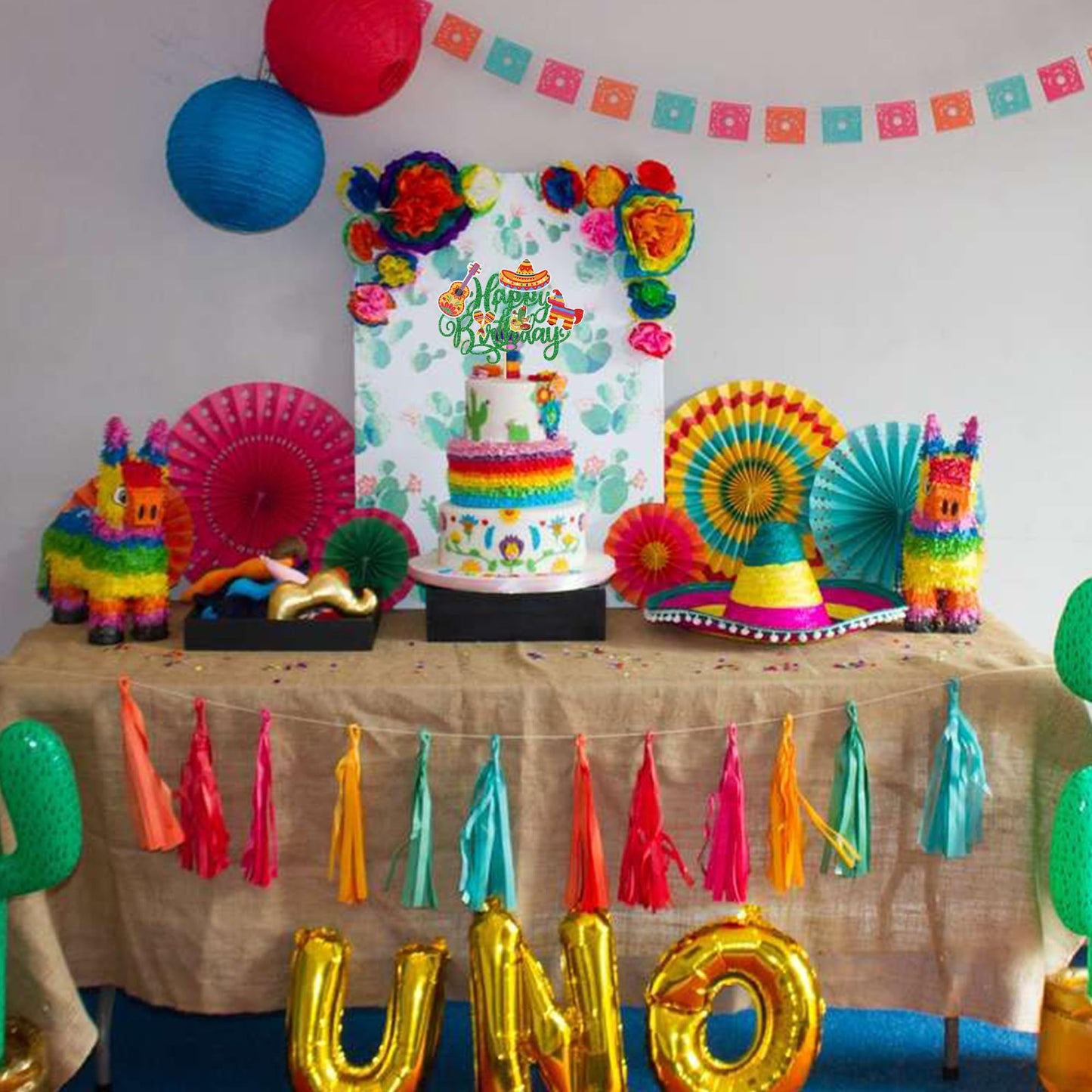 YCTHUNFISH Cake Topper, Cactus & Donkey Design, 5.9x8.7 inches, Paper/Bamboo, Green for Birthday/Mexican Fiesta Party