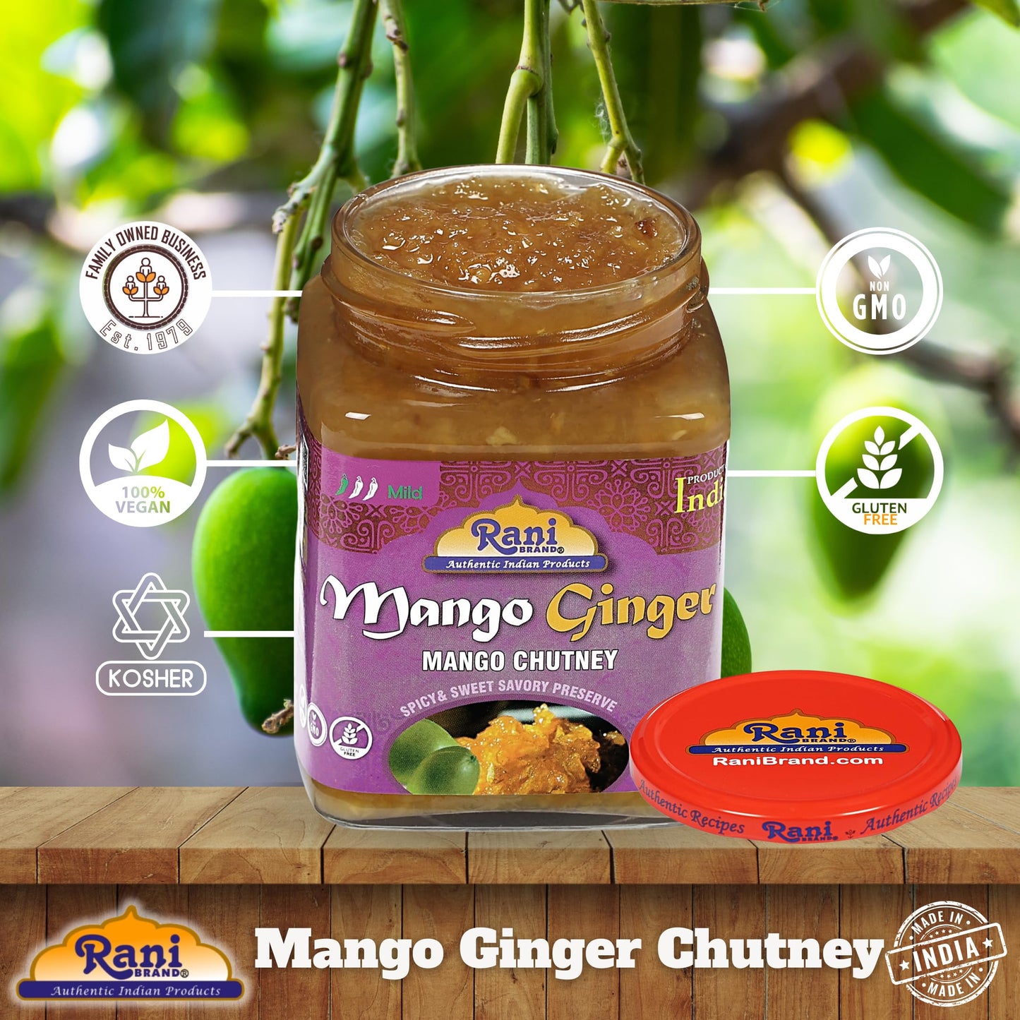 Rani Mango & Ginger Chutney, Vegan, Gluten Free, 10.5oz Glass Jar, All Natural, NON-GMO