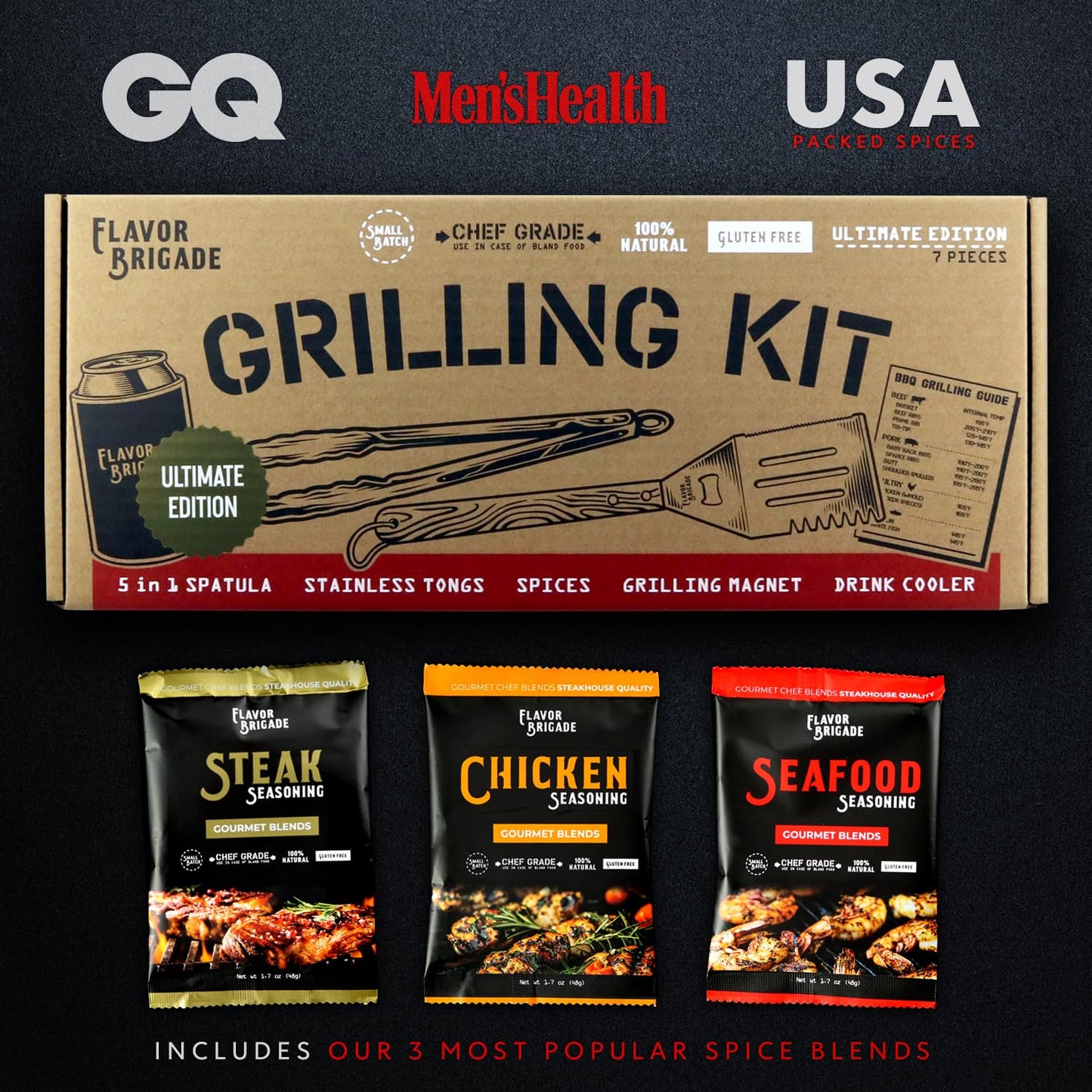Ultimate Gourmet Grilling Seasonings & Spices Gift Set, Grill, Griddle, Bbq, Smoker, Unique Gift For Dad & Guys, Stainless Tongs