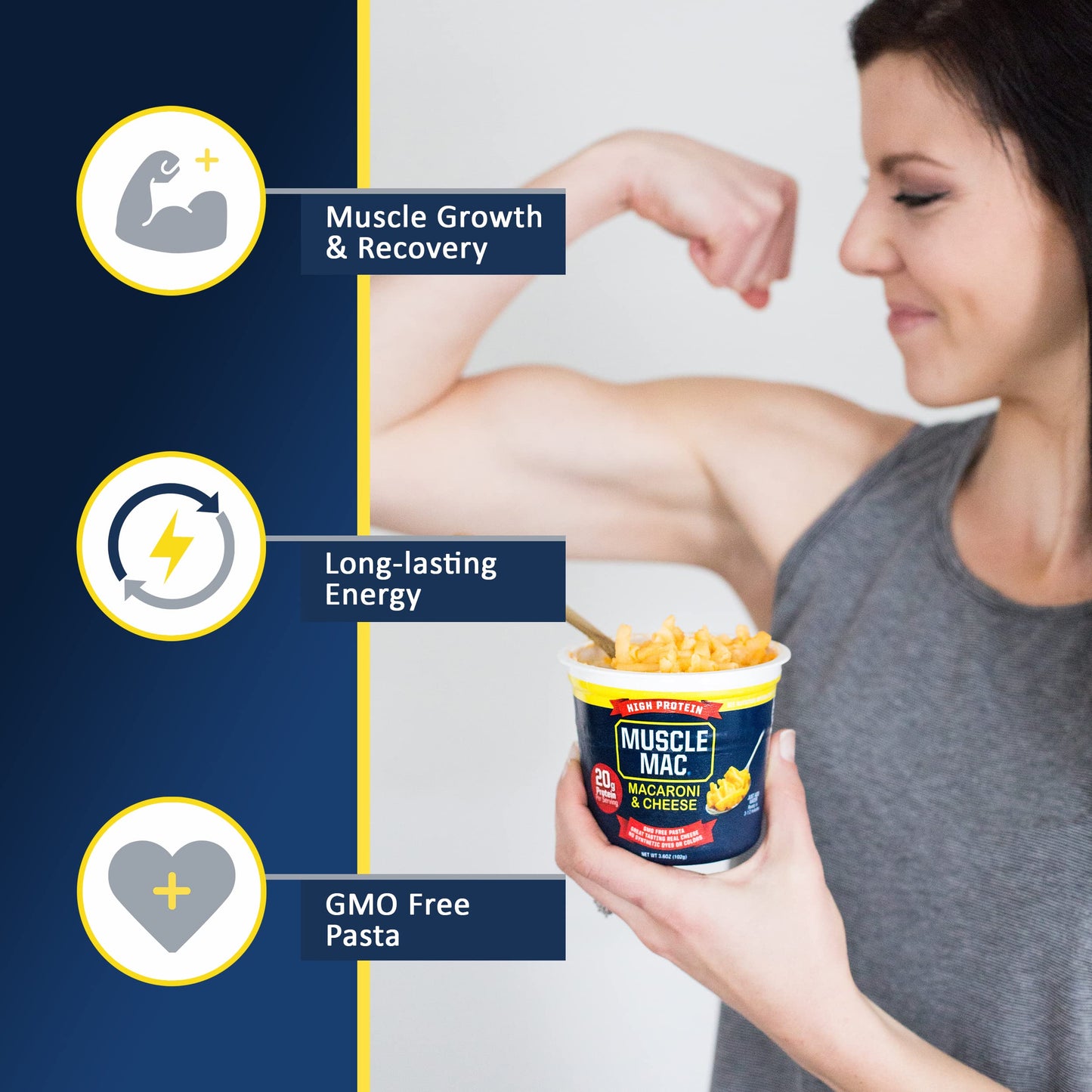 Muscle Mac | Macaroni And Cheese Microwavable Mega Cups, 20 Grams Of Protein Per Serving, Real Cheese, Non-Gmo, (12 Cups)