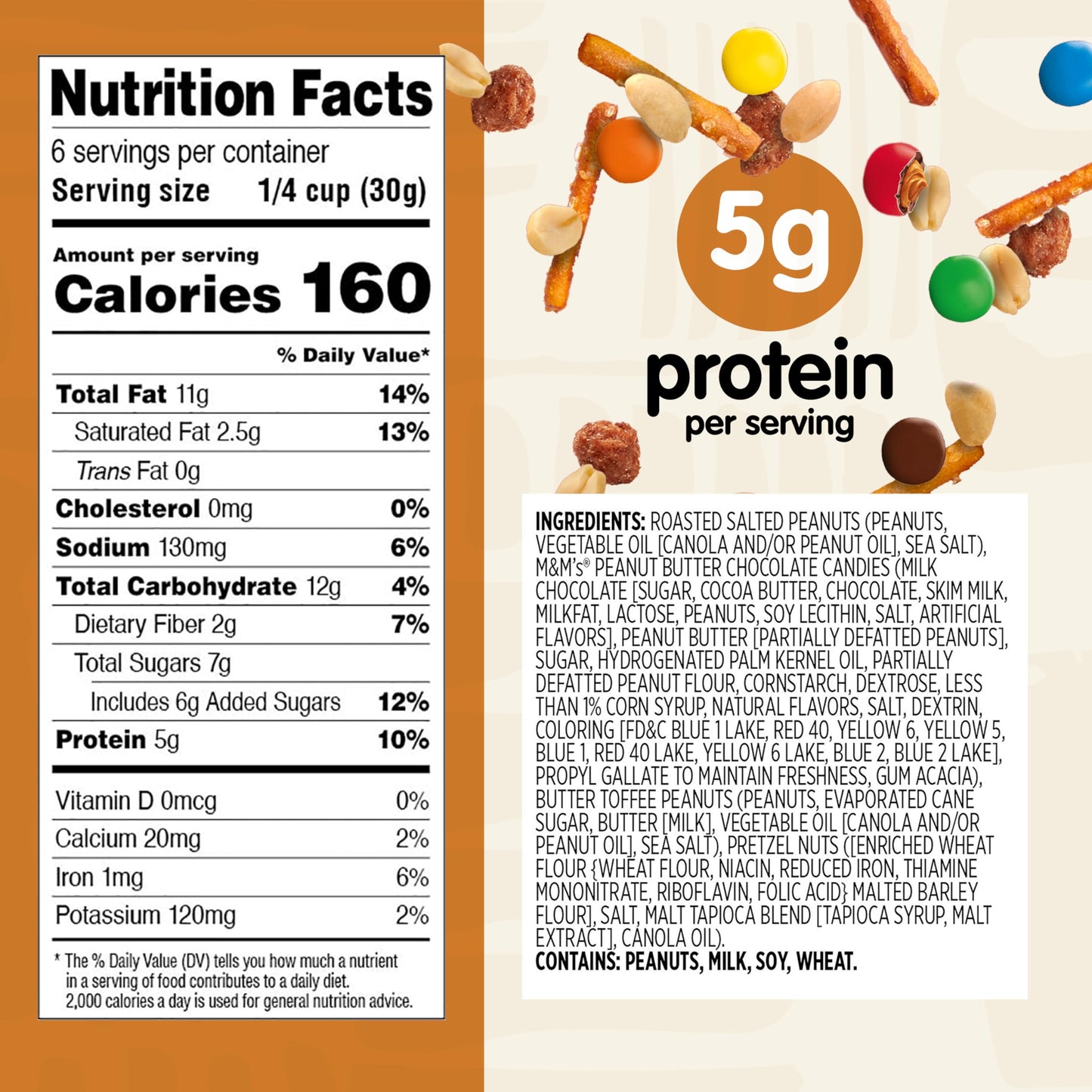 Snak Club Peanut Butter Chocolate Trail Mix With Peanuts, Peanut Butter M&Ms, Toffee Peanuts, And Pretzels, 6 Oz Per Bag, 6 Rese
