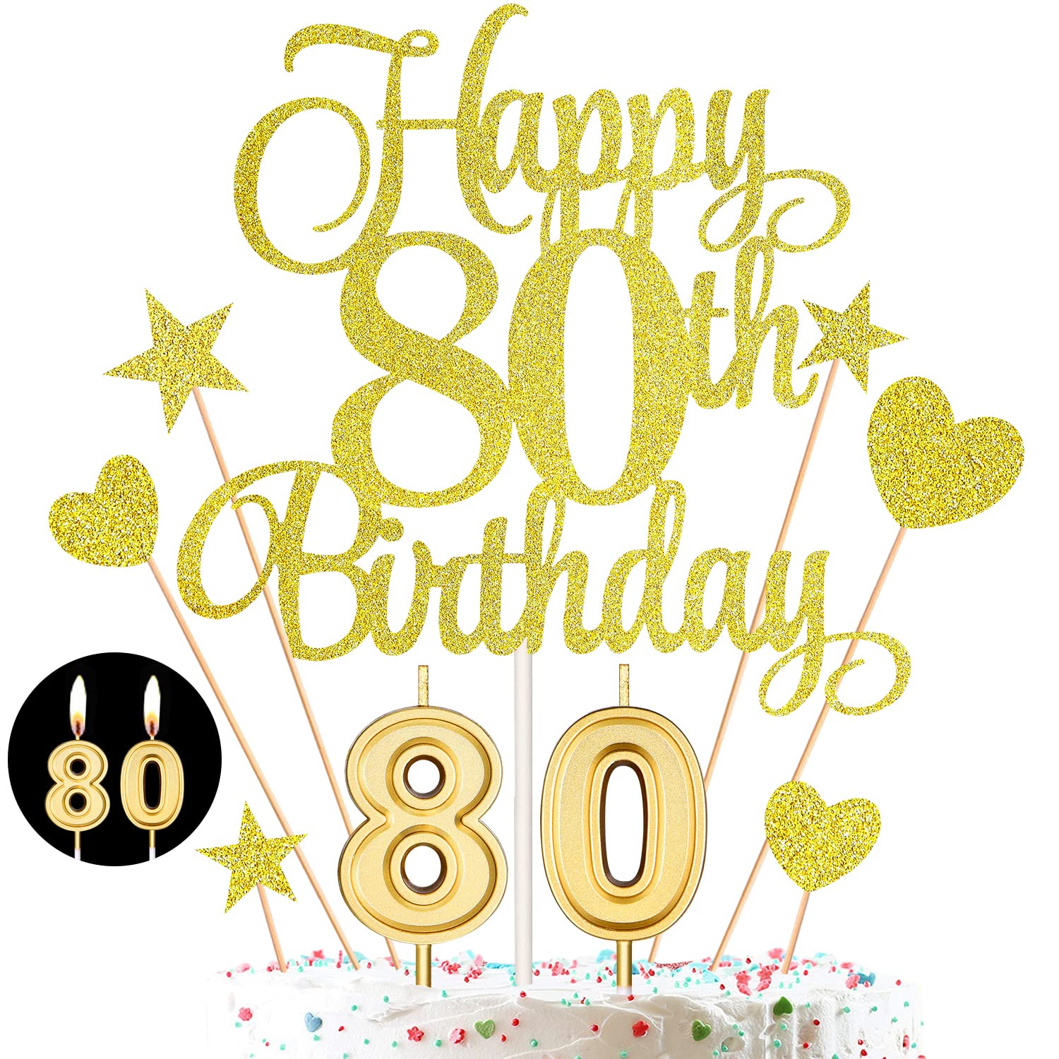HOGRTi 80th Birthday Cake Decorations Set, Gold Series, Includes Cake Toppers, Candles, and Cupcake Picks