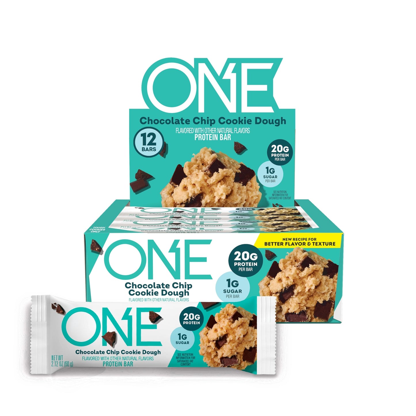 ONE Protein Bars, NEW Recipe Chocolate Chip Cookie Dough, Gluten Free Protein Bars with 20g Protein and 1g Sugar, Pantry Staples