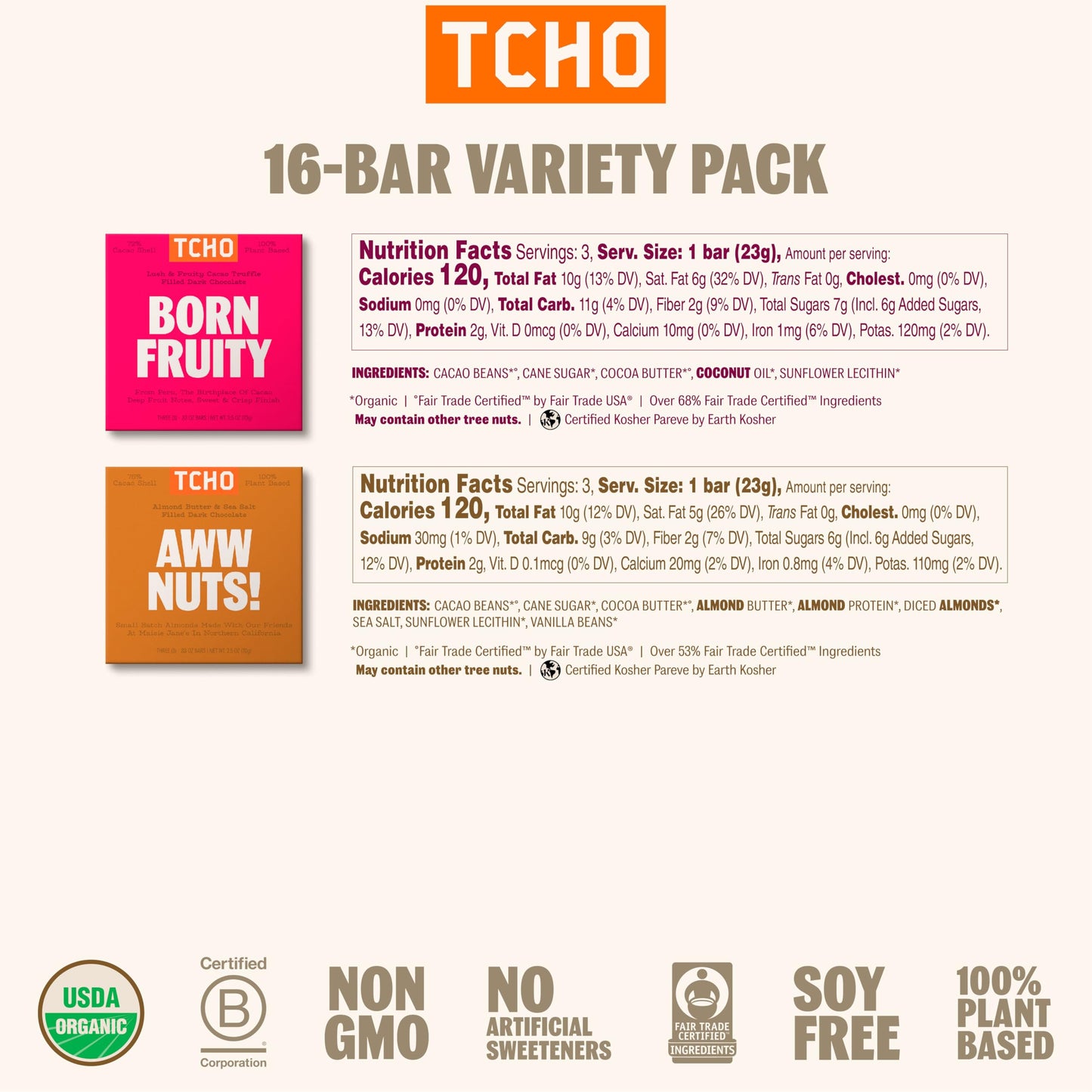 TCHO Plant-Based Dark & Milk Chocolate Variety Pack - Vegan Gourmet Assortment - 16 Count