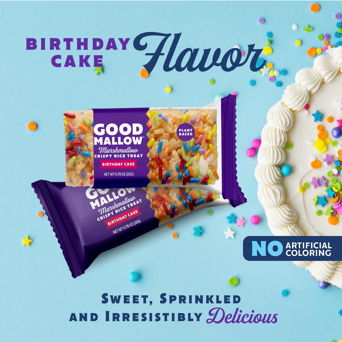 GoodMallow Vegan Rice Crispy  Individually Wrapped Box of 6  Kosher Vegan Snacks  Gluten Free Dairy Free Snacks for Kids & mature-themeds - Healthy Sweets Made with Gourmet Marshmallows (Birthday Cake)