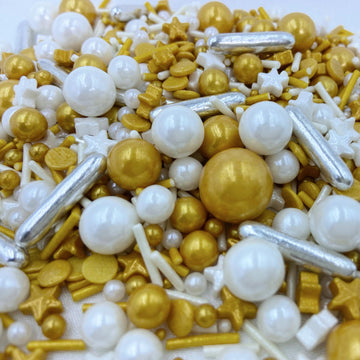 LittleStar Sprinkles - White Deluxe Gold Sprinkles for Cake Decorating 4 ounce - Sugar Mix Pearl Sprinkles for Cupcake Toppers, 