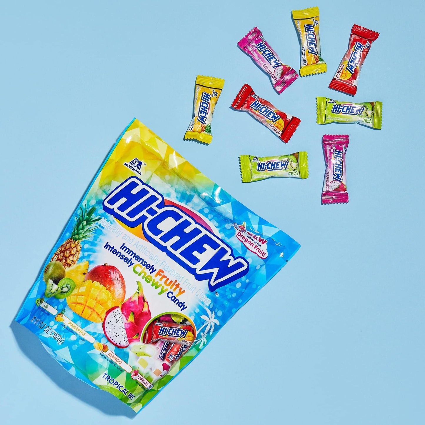 Hi-Chew Tropical Mix, Bulk 3 Pound, 4 Stand Up Pouches, 12.7Oz Each | Kiwi Pineapple Mango Dragon Fruit | Unique Fun Soft & Chewy Taffy Candy | Immensely Juicy Fruit Flavors | Individually Wrapped
