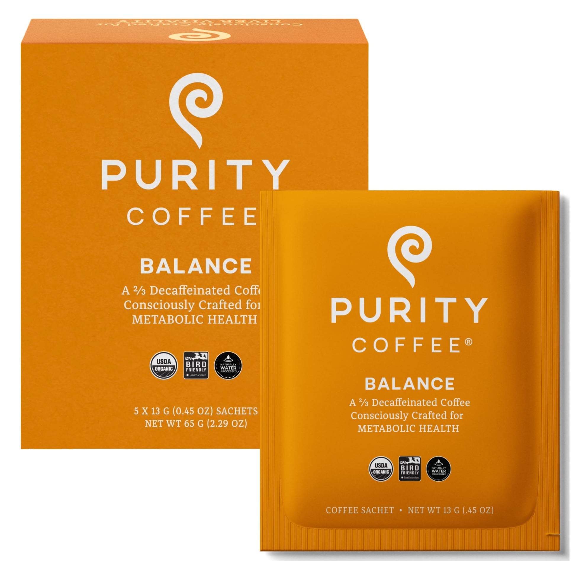 PURITY COFFEE BALANCE Decaf Medium Roast Coffee Single-Serve Packets, 5ct, USDA Organic, Mountain Water Processed