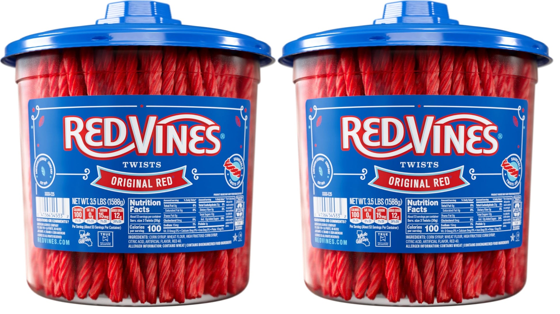 Red Vines Licorice Candy Original Red Flavor Soft Chewy Candy Twists, Red Licorice 3.5 Lb Jar 2 Pack
