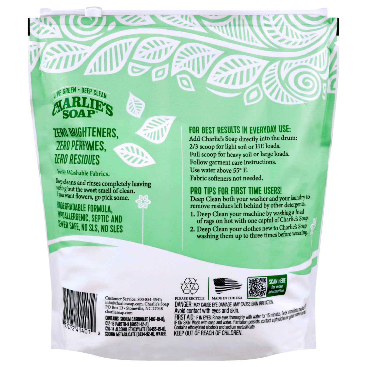 Charlies Soap Hypoallergenic Laundry Detergent Powder 8Lb Bag, Pack Of 4 (1200 Loads Total) Fragrance Free Plant Based Deep Clea