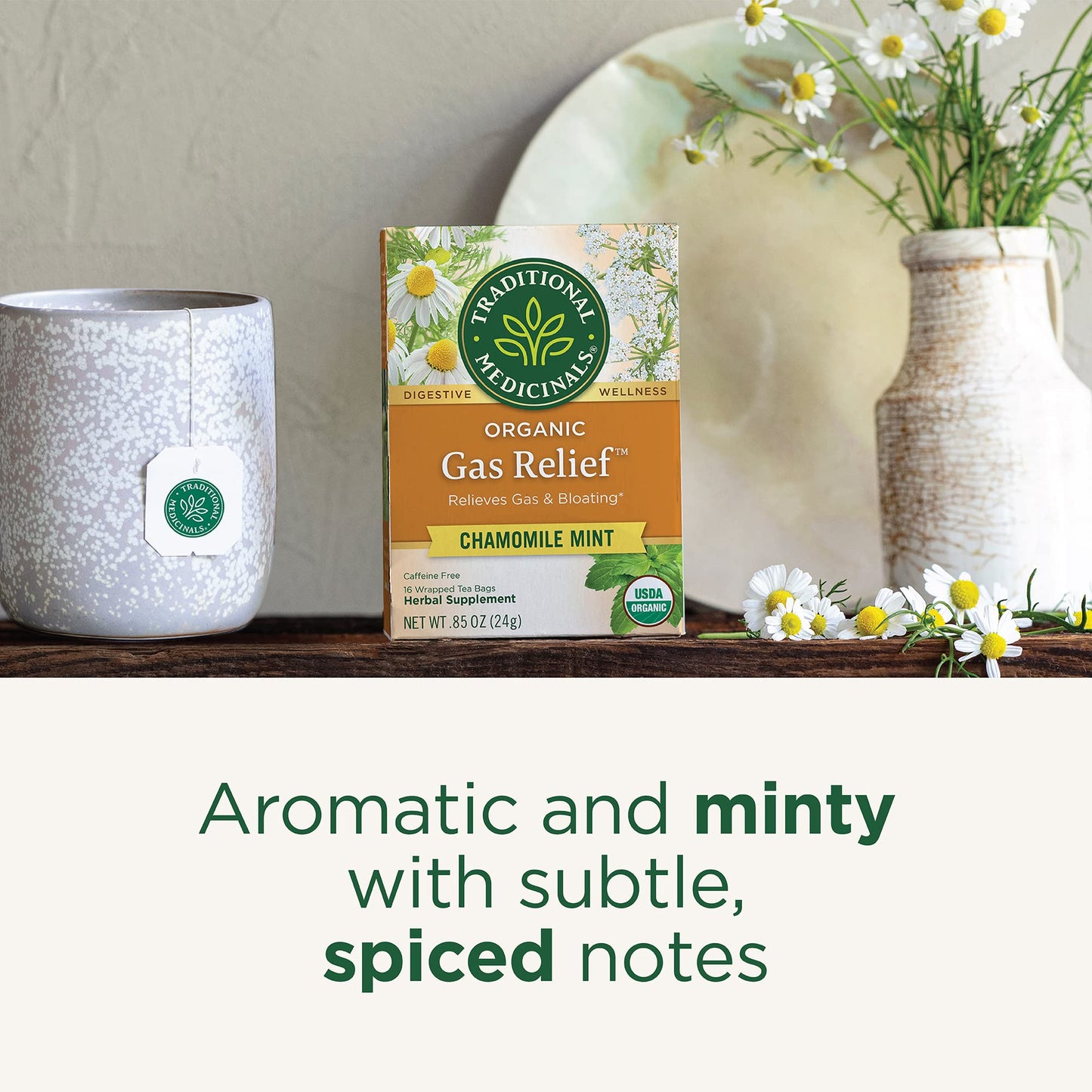 Traditional Medicinals Organic Gas Relief Tea, Chamomile Mint, 16 Bags, Pack of 1, Natural