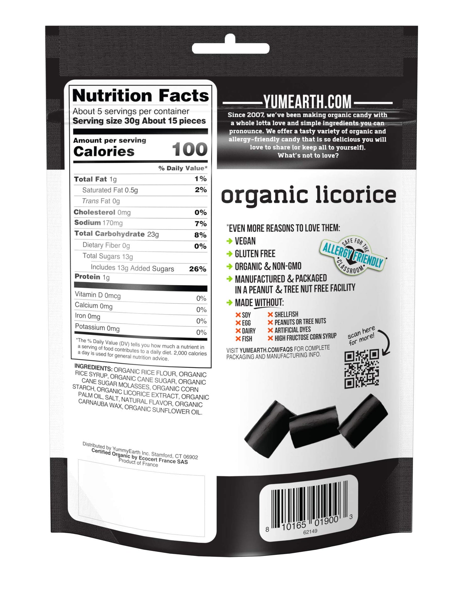 YumEarth Organic Black Licorice, 12- 5oz Packs, Allergy Friendly, Gluten Free, Non-GMO, Vegan, No Artificial Flavors or Dyes