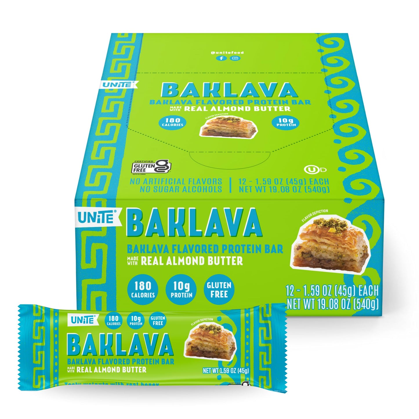 UNiTE Baklava Protein Bars, 10g Protein, Gluten and Soy Free, 12 Count, Almond Butter Snack