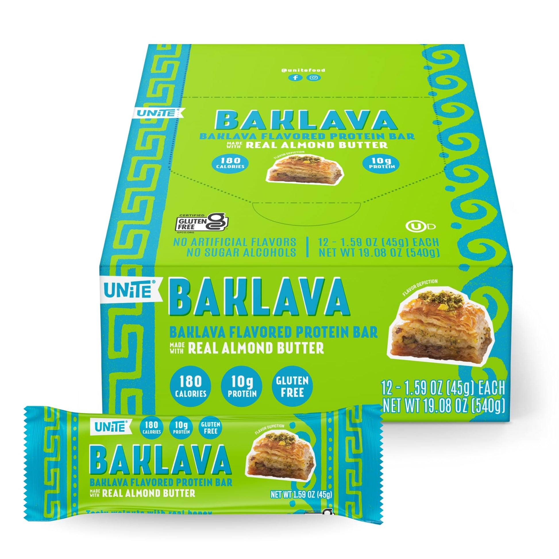 UNiTE Baklava Protein Bars, 10g Protein, Gluten and Soy Free, 12 Count, Almond Butter Snack