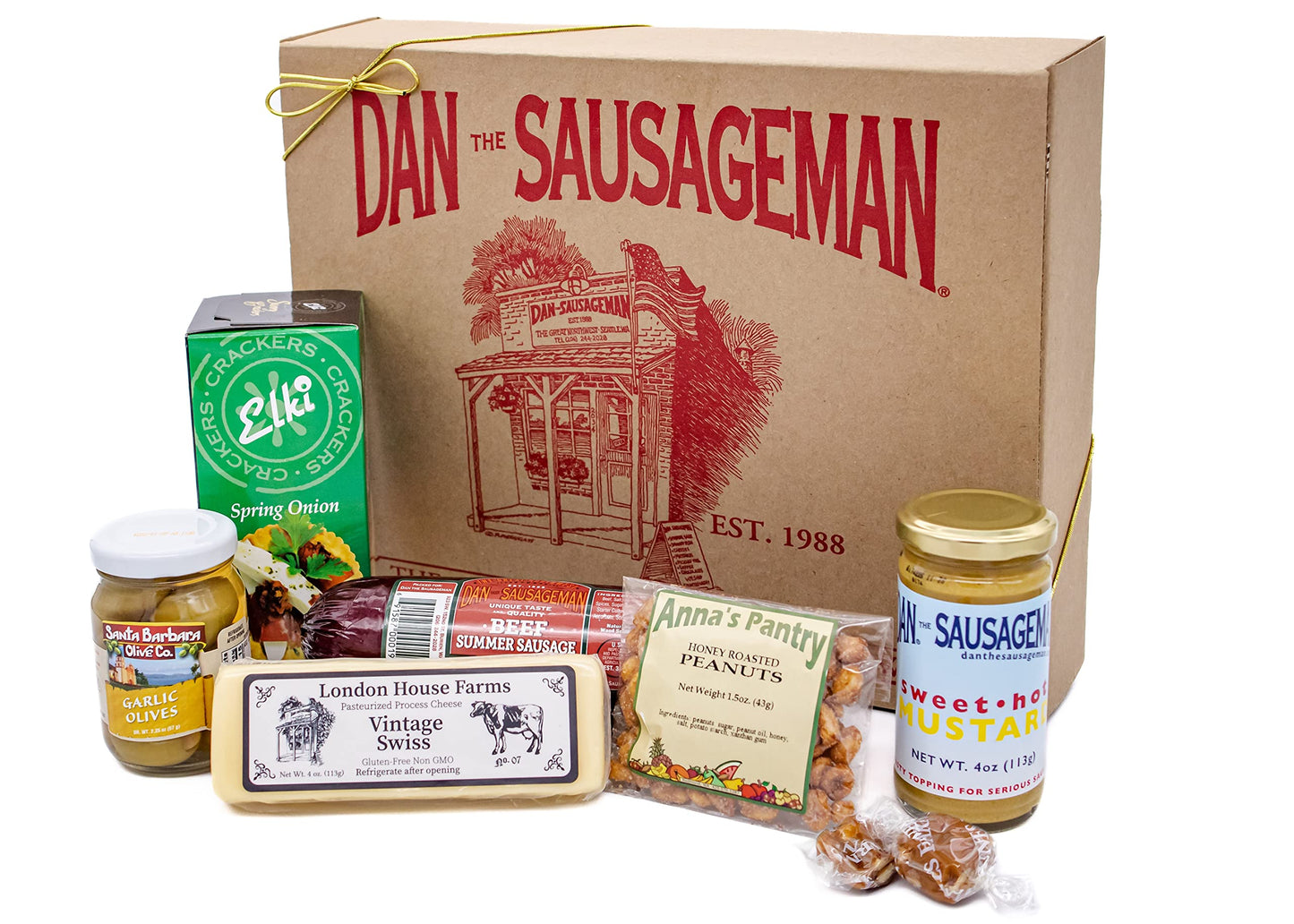 Dan the Sausageman Gourmet Gift Basket - 8 Piece Set with Summer Sausage, Cheese, Mustard,  ers, Olives, Nuts, and Candy