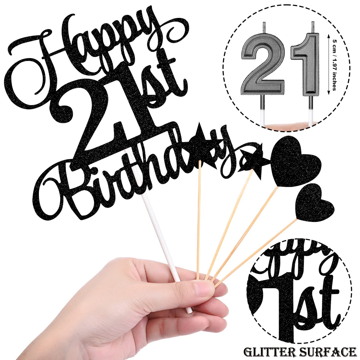 HOGRTi 21st Birthday Cake Decorations Set, Black Series, Includes 21 Cake Candles and Happy Birthday Toppers