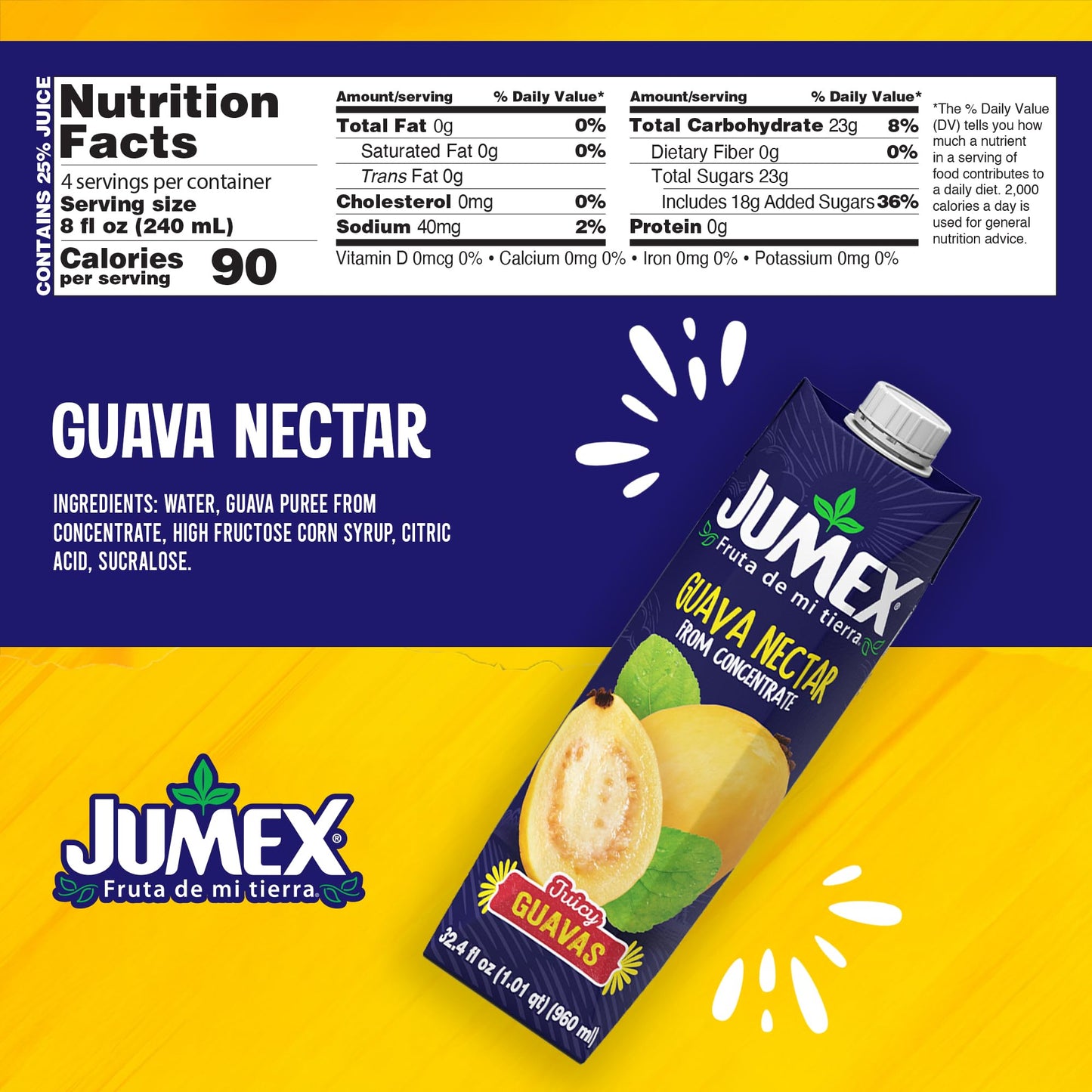 Jumex Guava Juice Nectar - Guava Nectar Made With Fresh Fruit Puree - Tropical Fruit Juice Concentrate For Smoothie Mix, Cocktail Mixers, Kids Drinks & Mexican Beverages - 32.4Oz, 1 Pack Carton