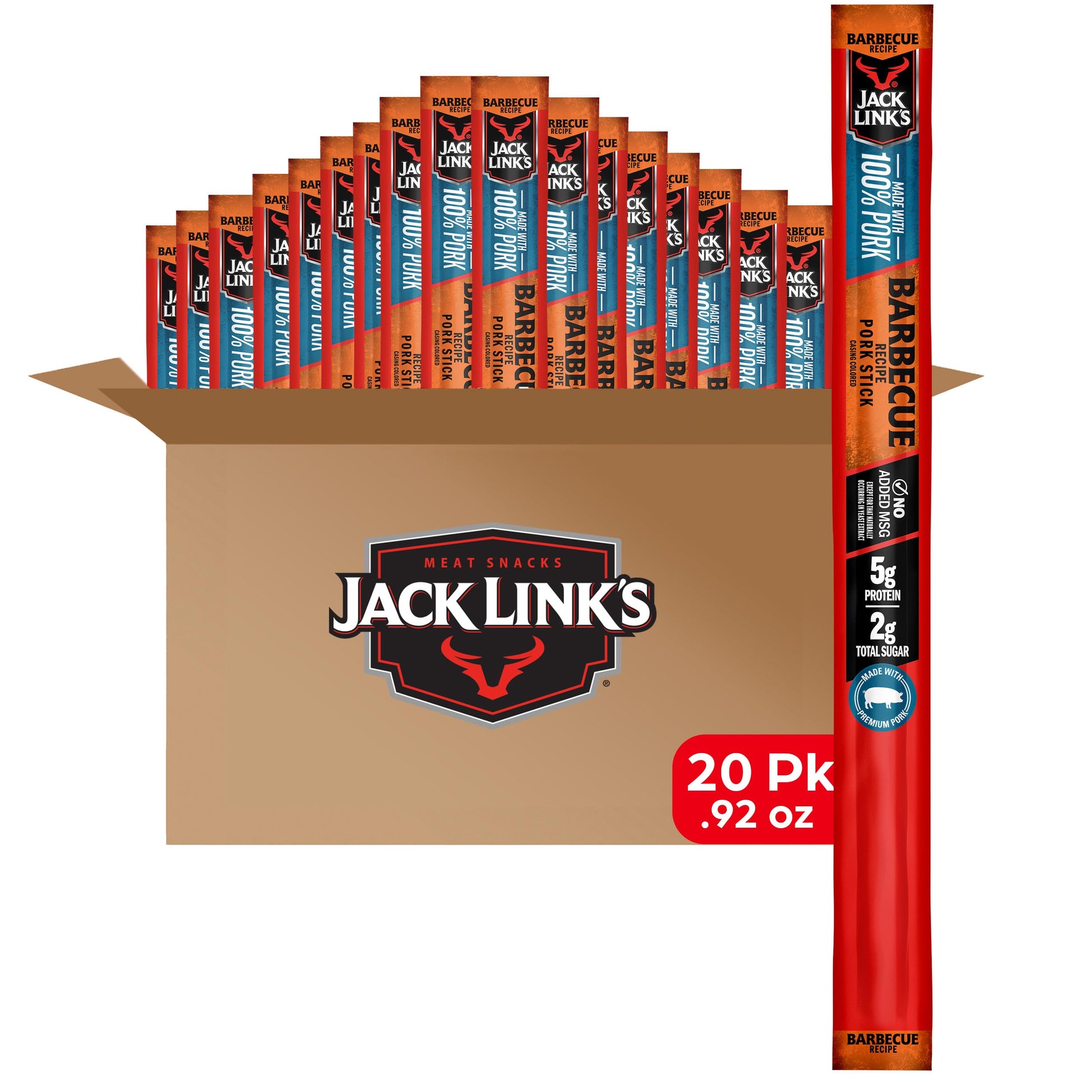 Jack Links Meat Sticks, Barbecue Pork Recipe, 5g Protein, 20 Count, Keto & Paleo Friendly, Individually Wrapped