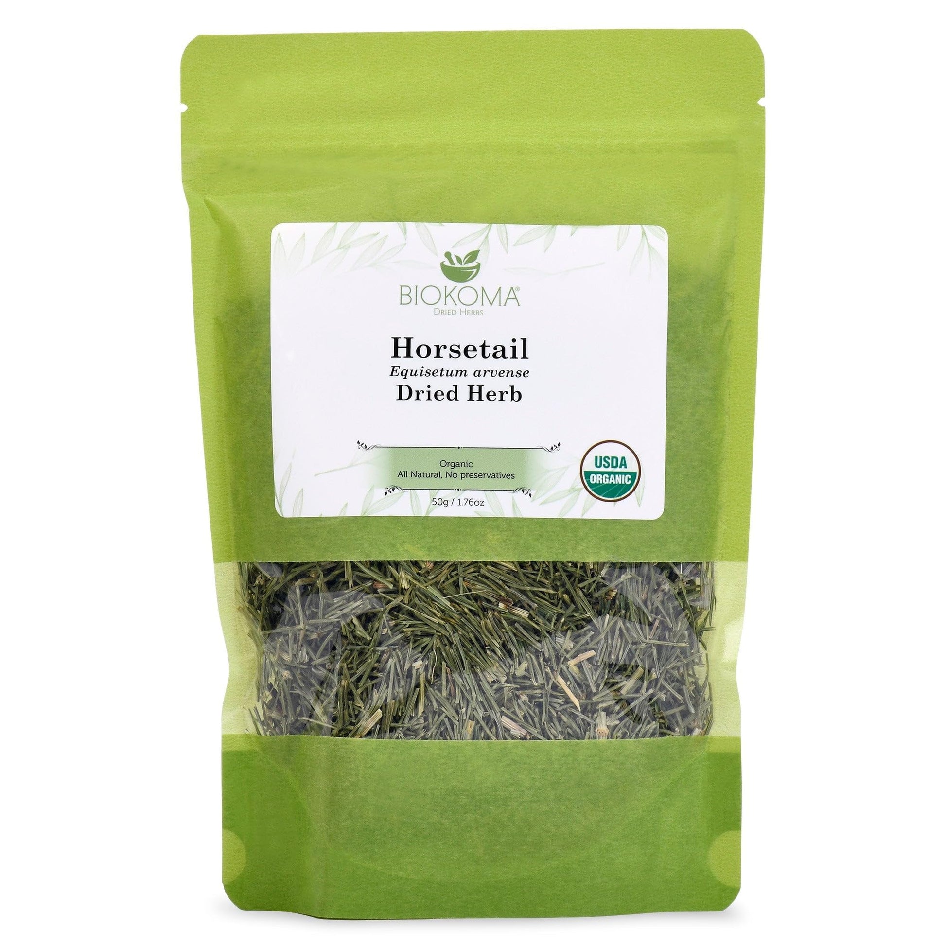 Biokoma Pure And Organic Horsetail Dried Leaves 50G In Resealable Pack Moisture Proof Pouch, Usda Certified Organic - Herbal Tea, No Additives, No Preservatives, No Gmo, Kosher