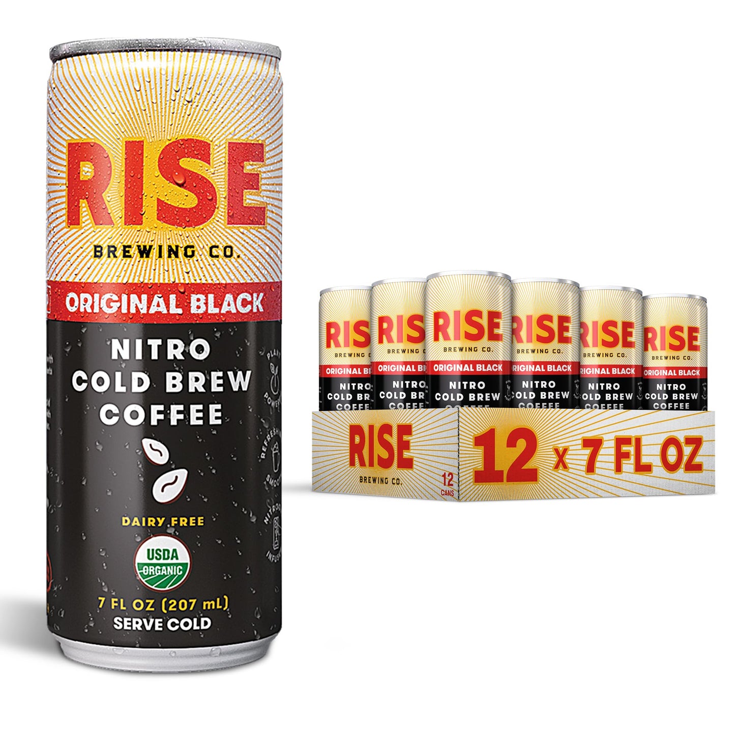 Rise Brewing Co. Oriflavor Blendal Black Nitro Cold Brew Coffee  No Sugar  Vegan  Organic & Non-Gmo  Low Acidity  7 Fl. Oz. Cans (12 Pack)