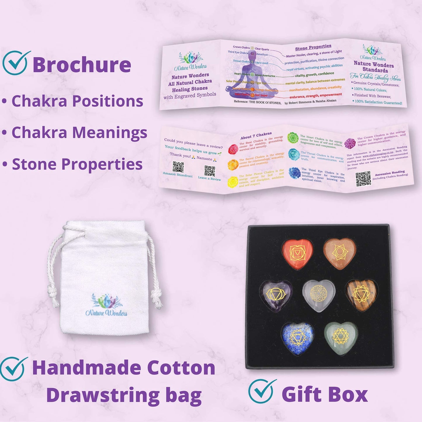 Naturewonders All Natural 7 Chakra Stone Set (Heart-Shaped) With Engraved Symbols (Gift Box, Information Brochure & Pouch) - Hea