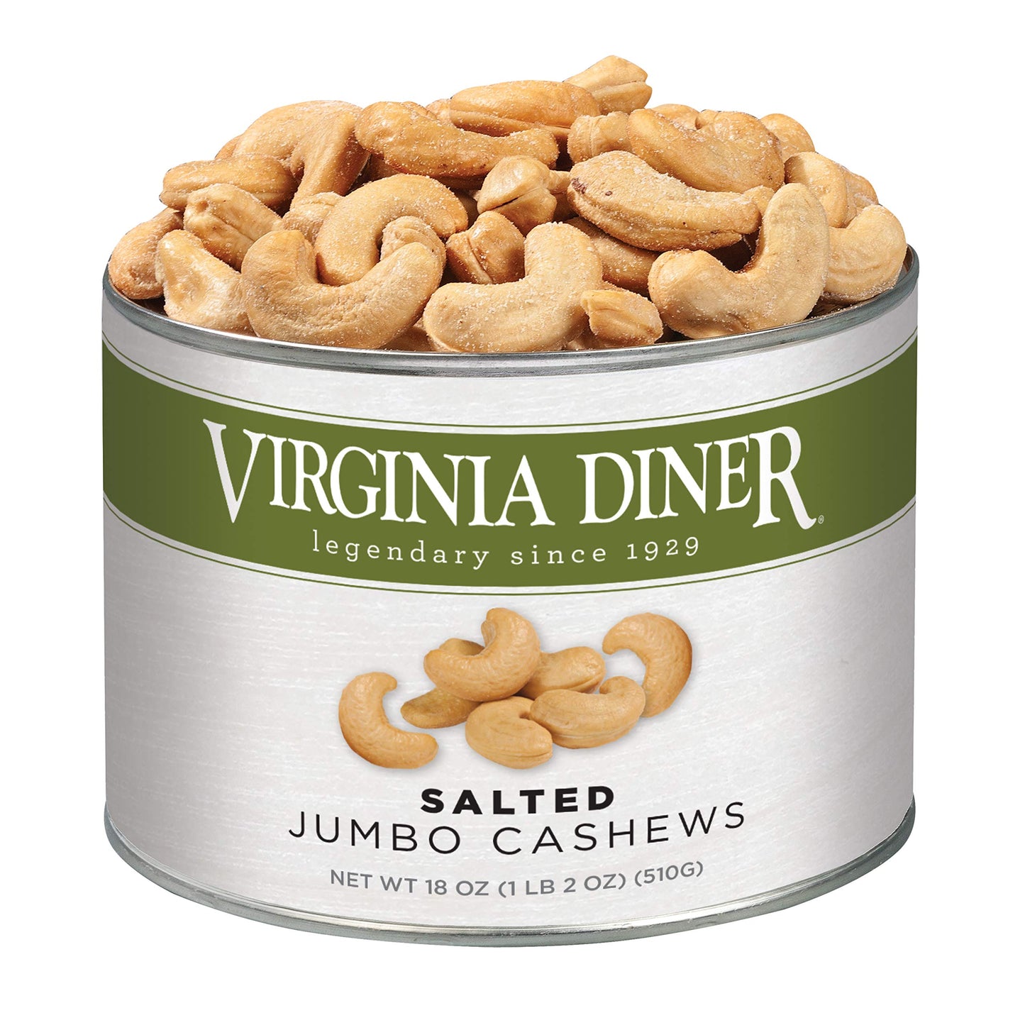 Virginia Diner Jumbo Salted Cashews, Non-GMO, Preservative Free, 18 Oz Can