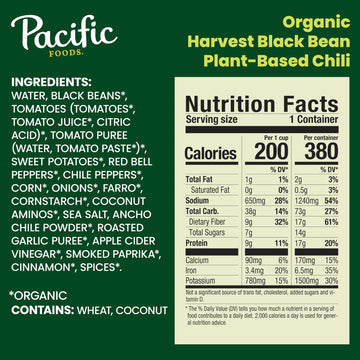 Pacific Foods Organic Black Bean Chili, Plant-Based, 16.5 oz Can - Healthy, Delicious Meal Option, Vegan, Gluten-Free