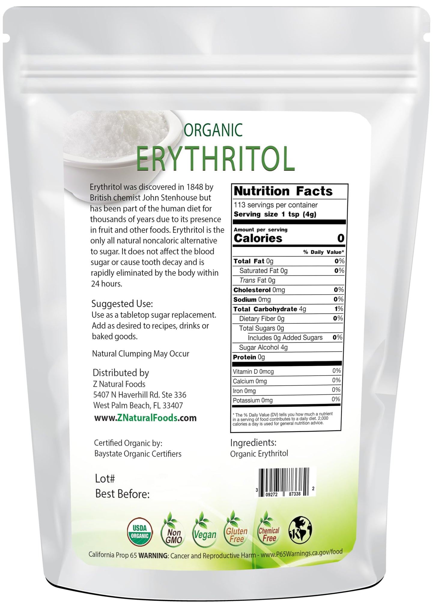 Organic Erythritol - Zero Calorie Alternative Sweetener - Low Glycemic Sugar Substitute - Great for Coffee, Tea, Drinks, Shakes,