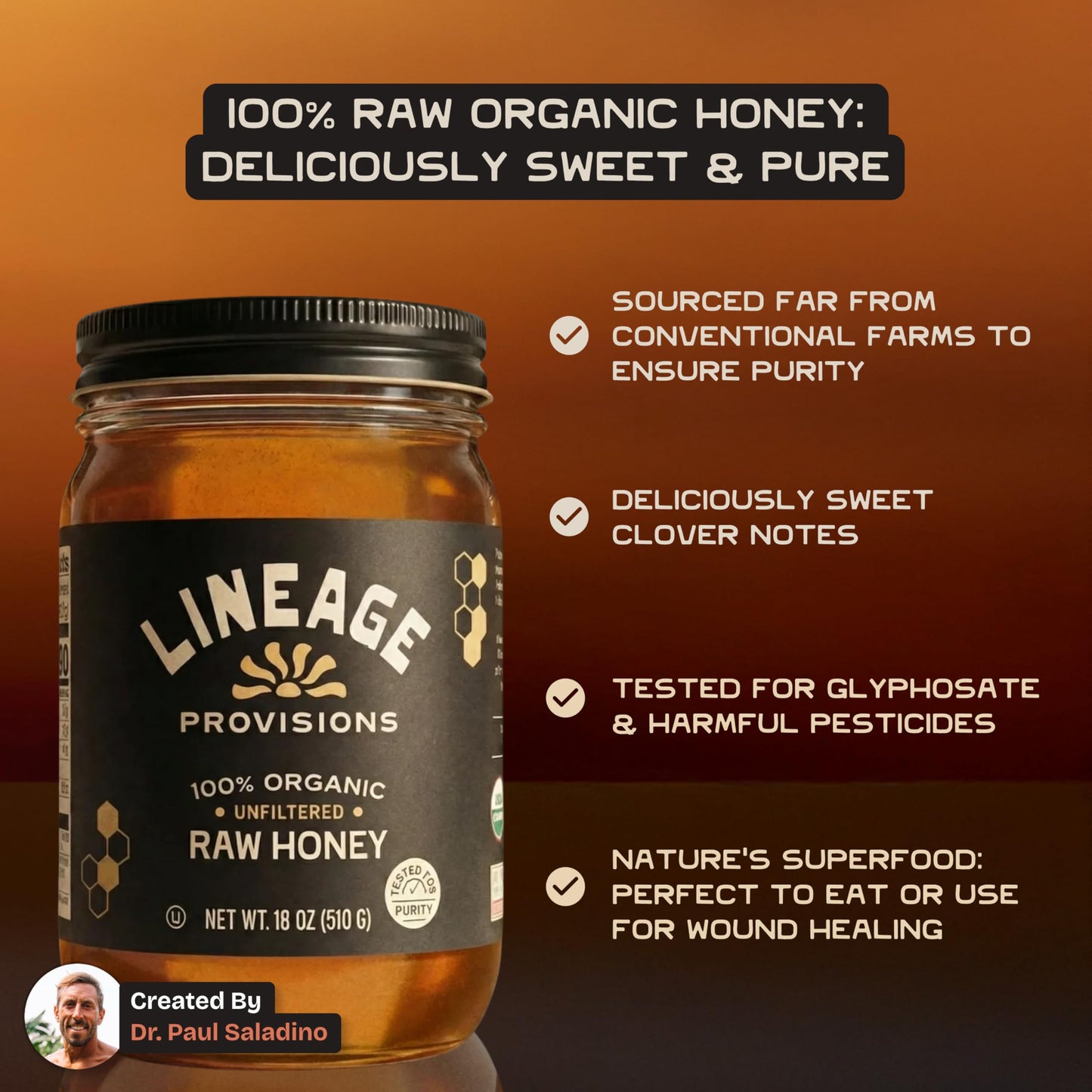 Lineage Provisions 100% Organic Raw Unfiltered Honey - 3-Pack (18 oz Glass Jars) - Undetectable Glyphosate, Chemical-Free, Glute